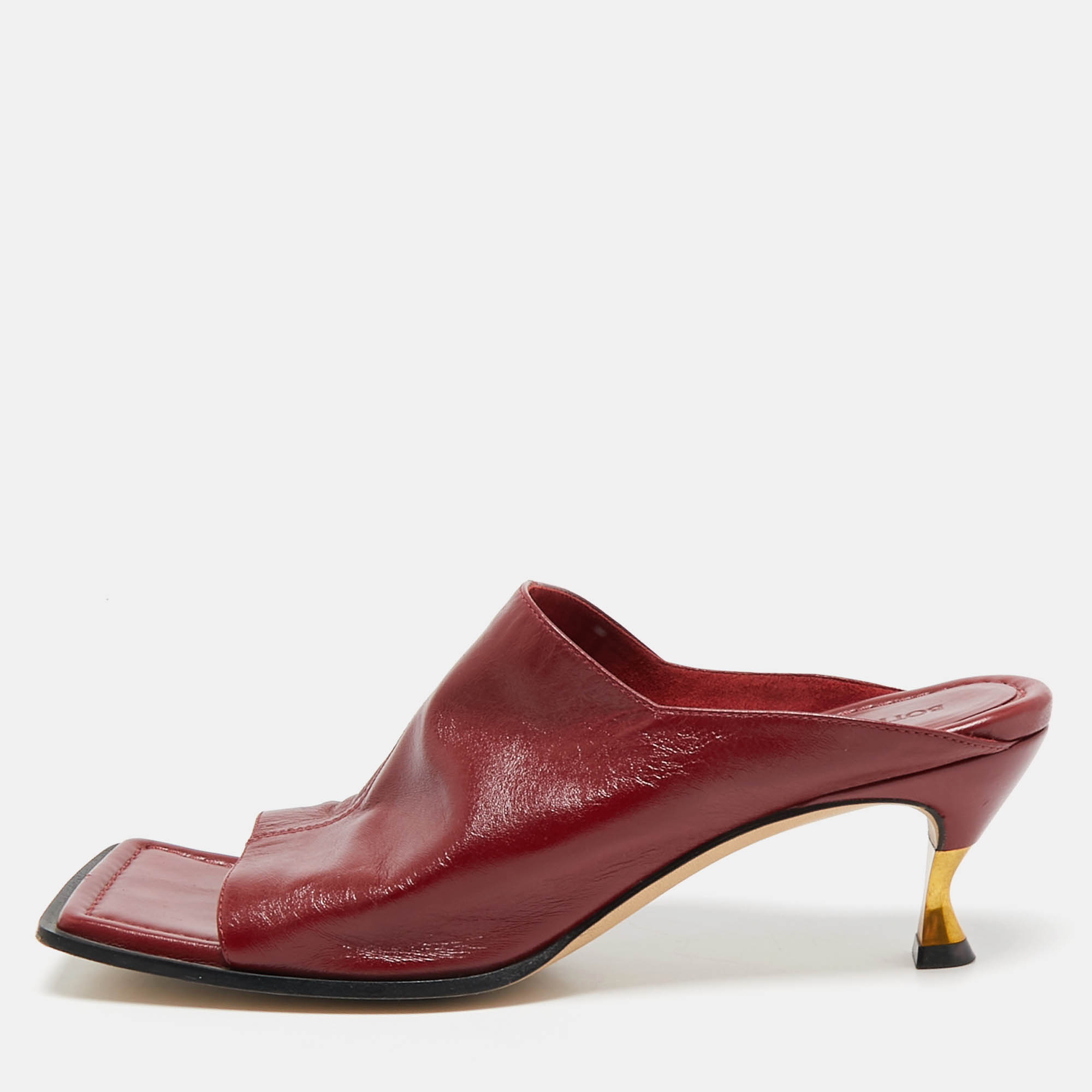 Bottega Veneta Burgundy Leather Stretch Square Toe Kitten Heel Mules Size 39