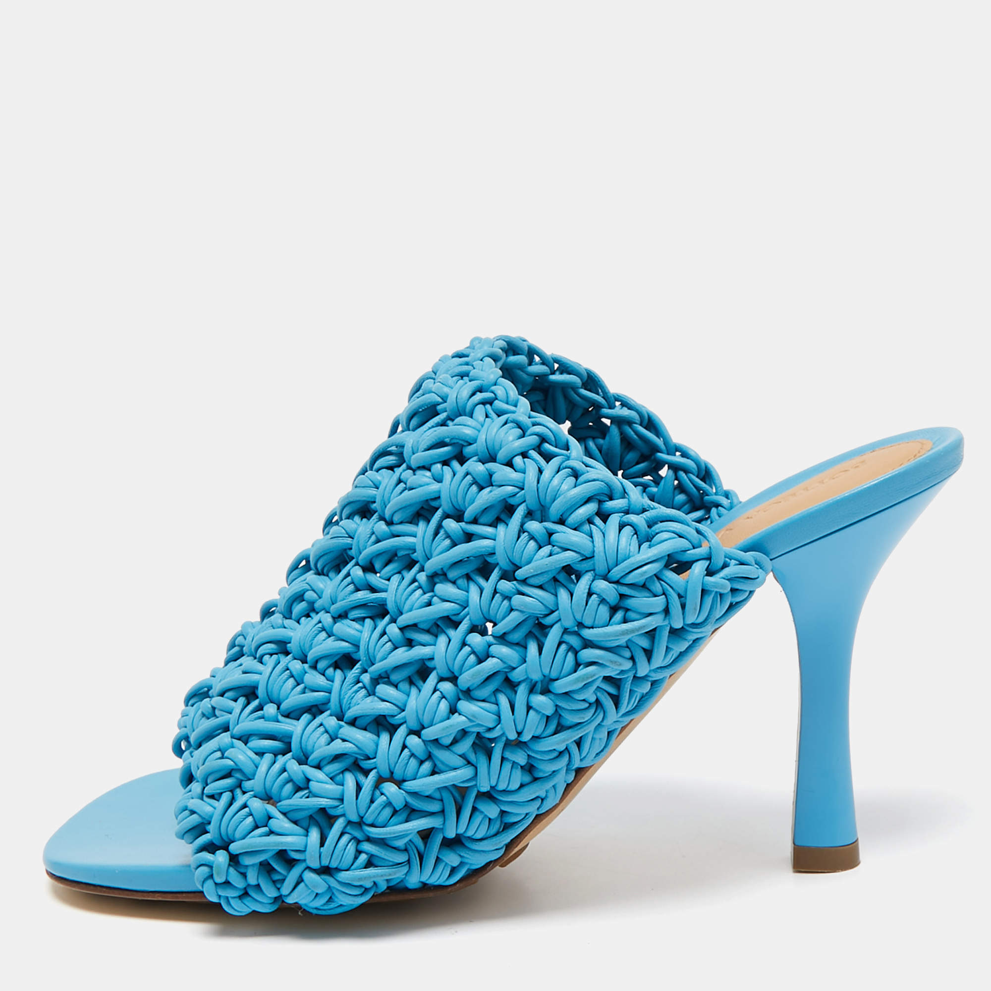 Pre Owned Bottega Veneta Blue Woven Leather Board Slide Sandals Size 37