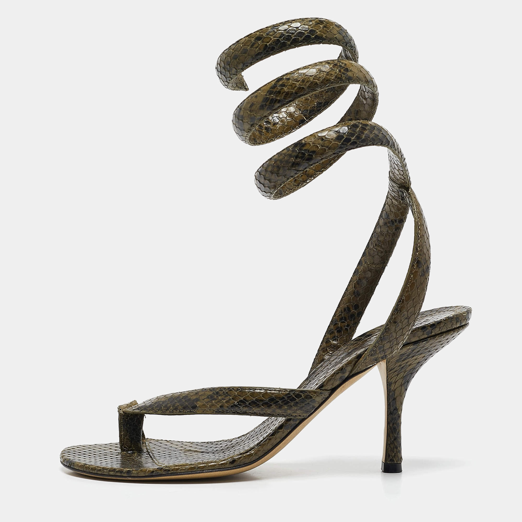 مملوكة مسبقًا Bottega Veneta Green Python Embossed Leather Spiral Sandals Size 38