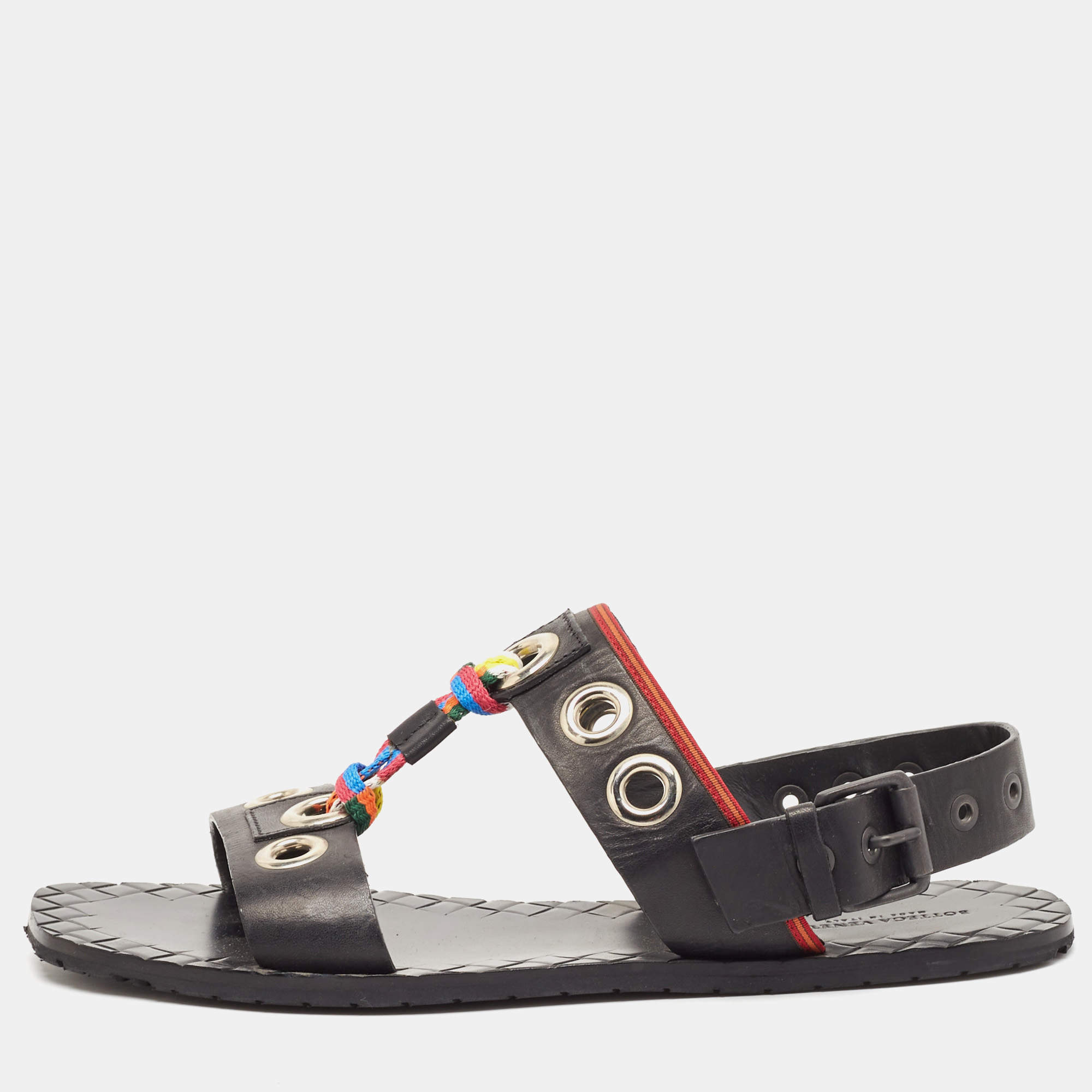 Bottega Veneta Black Leather Grommet Slingback Flat Sandals Size 40