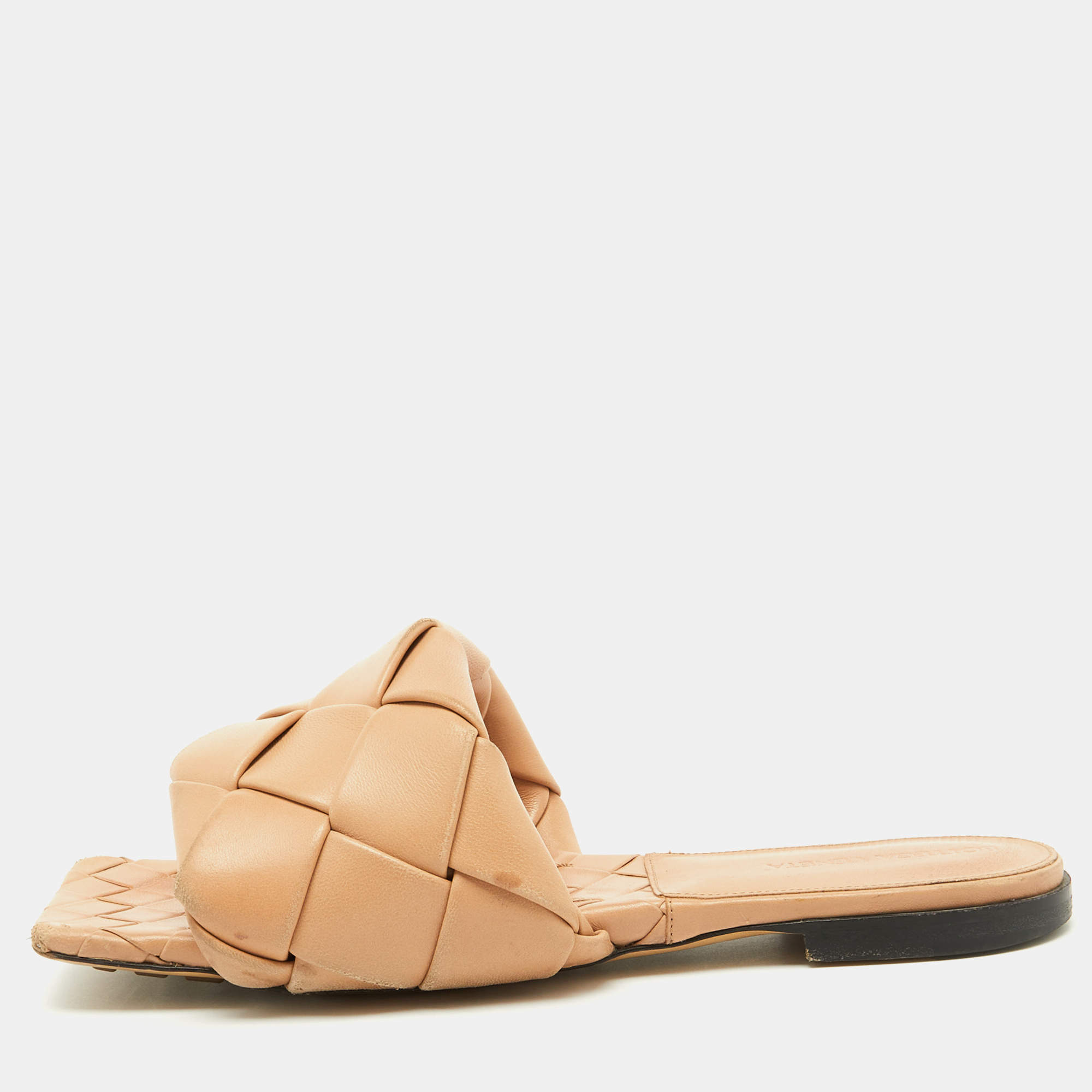 Bottega Veneta Light Brown Leather Lido Flat Slide Sandals Size 38