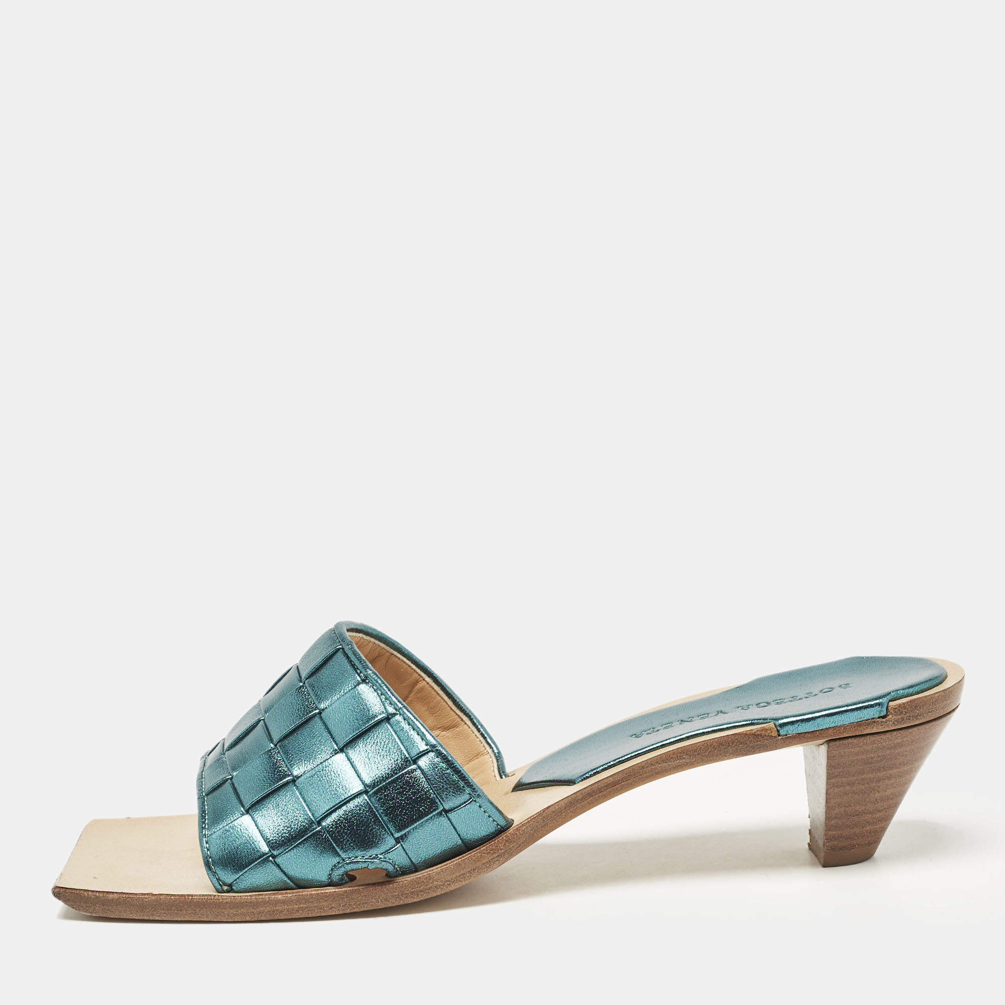 Bottega Veneta Metallic Blue Intrecciato Leather Square Toe Slide Sandals Size 38
