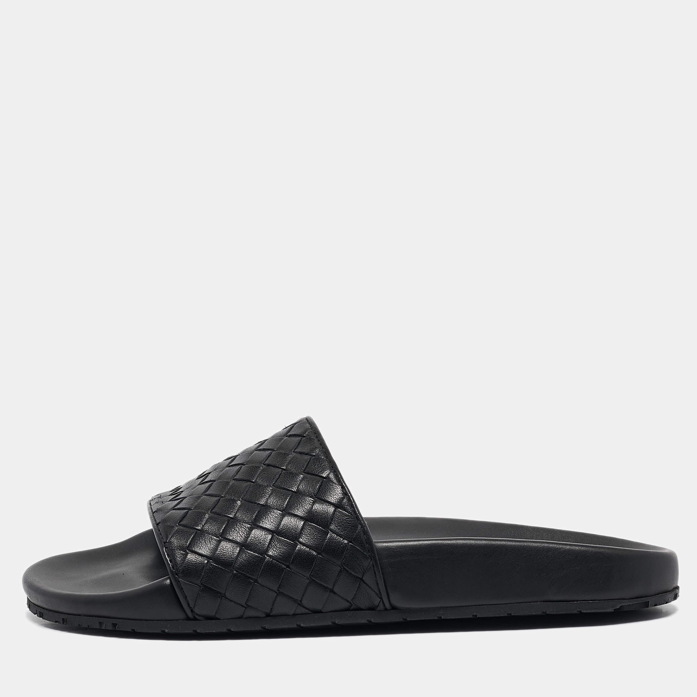 Bottega Veneta Black Intrecciato Leather Flat Slides Size 37