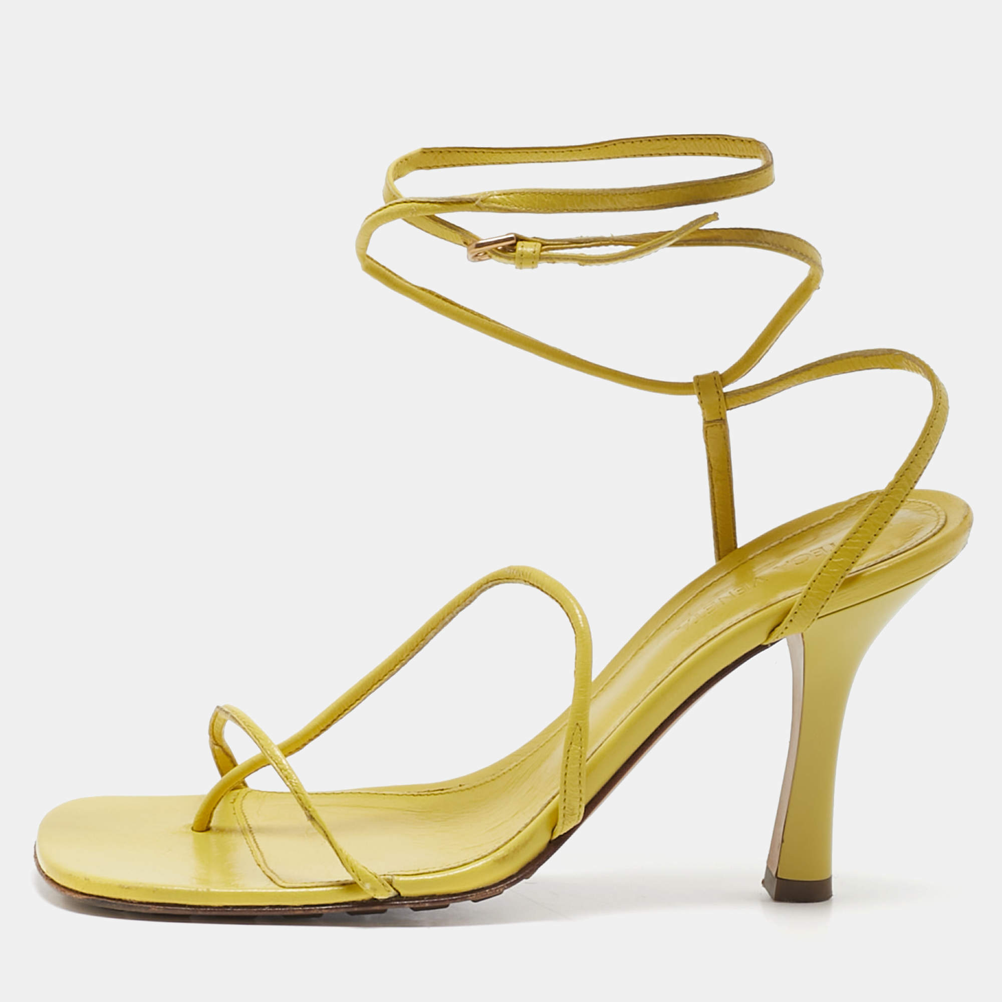 Bottega Veneta Yellow Leather Square Toe Ankle Strap Sandals Size 37