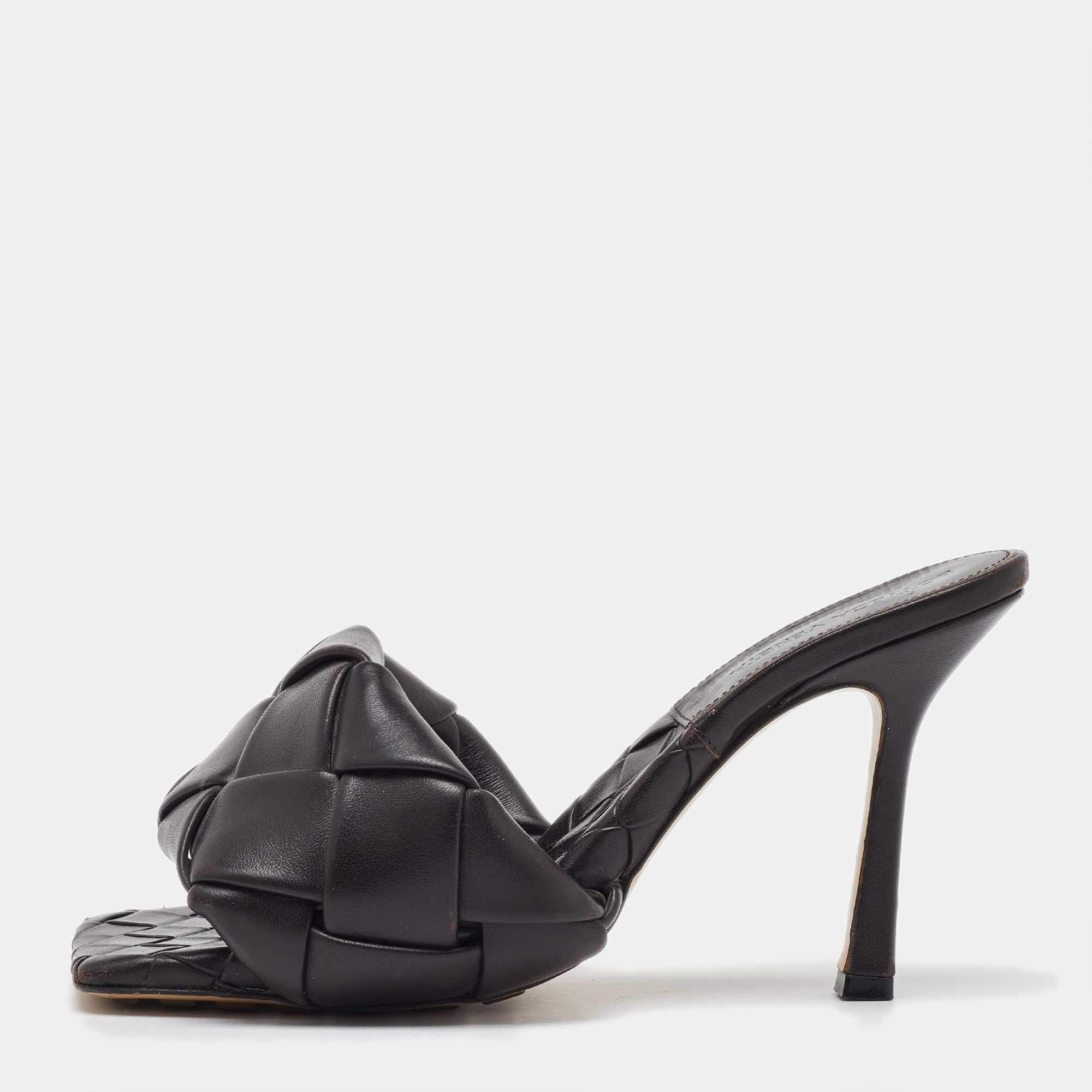 Bottega Veneta Dark Brown Intrecciato Leather Lido Slide Sandals Size 37
