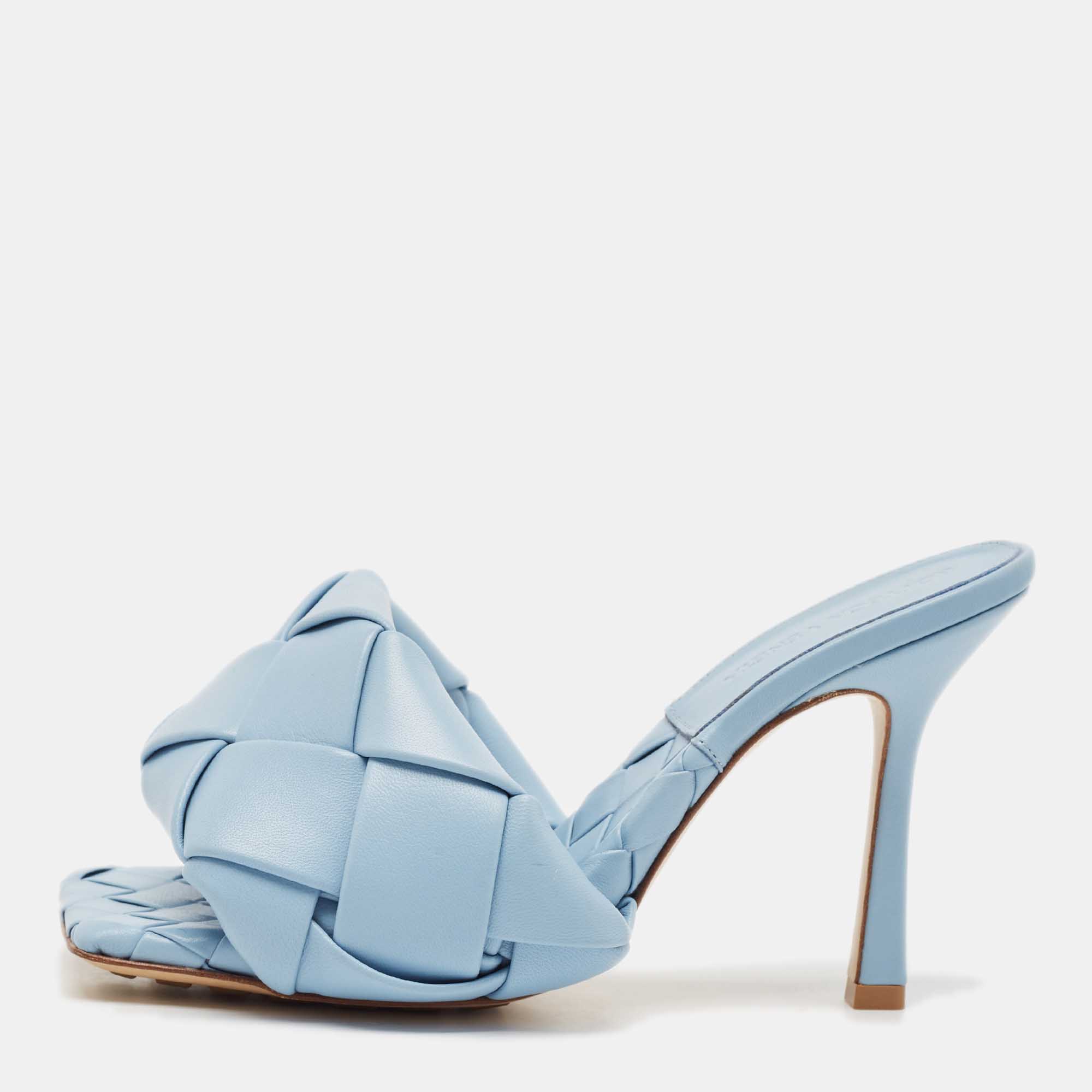 Bottega Veneta Blue Intrecciato Leather Lido Slide Sandals Size 36.5