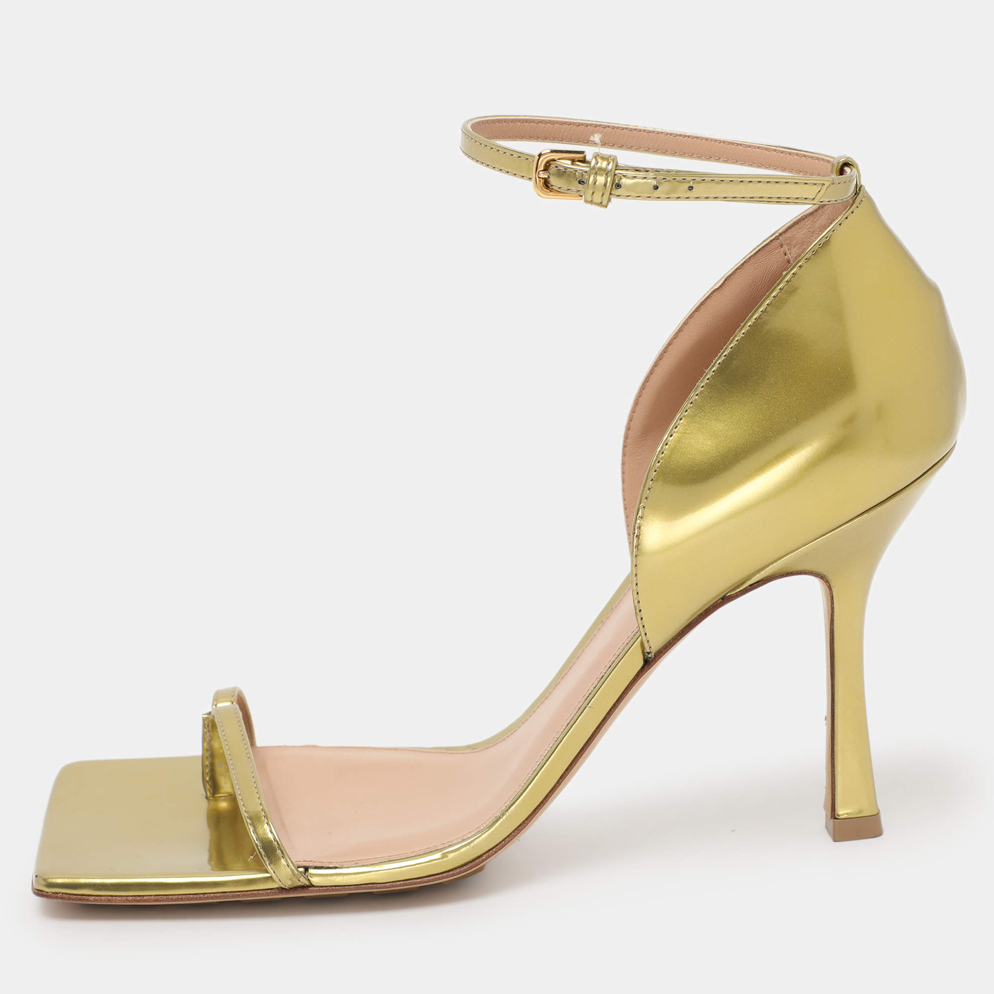 Bottega Veneta Gold Leather Strech Ankle Strap Sandals Size 40