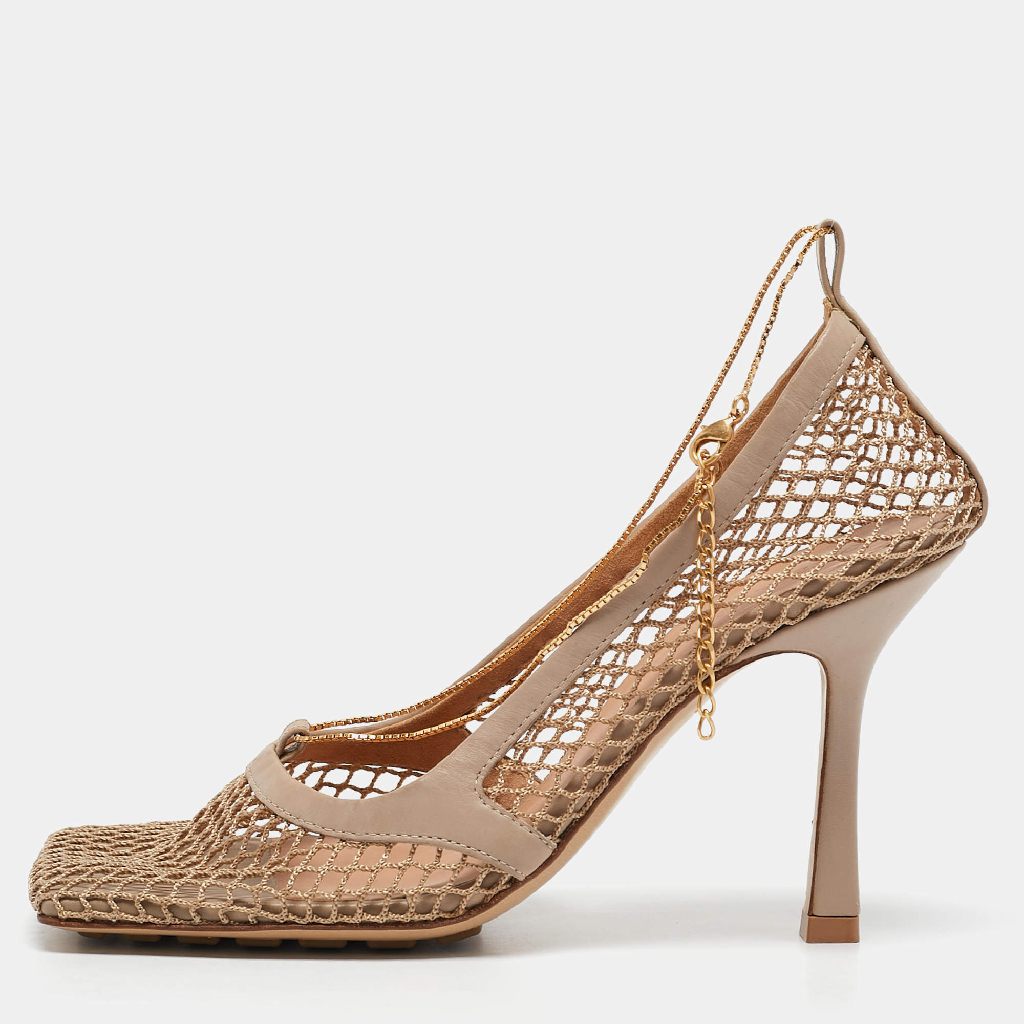 Bottega Veneta Beige Mesh and Leather Chain Stretch Pumps Size 36