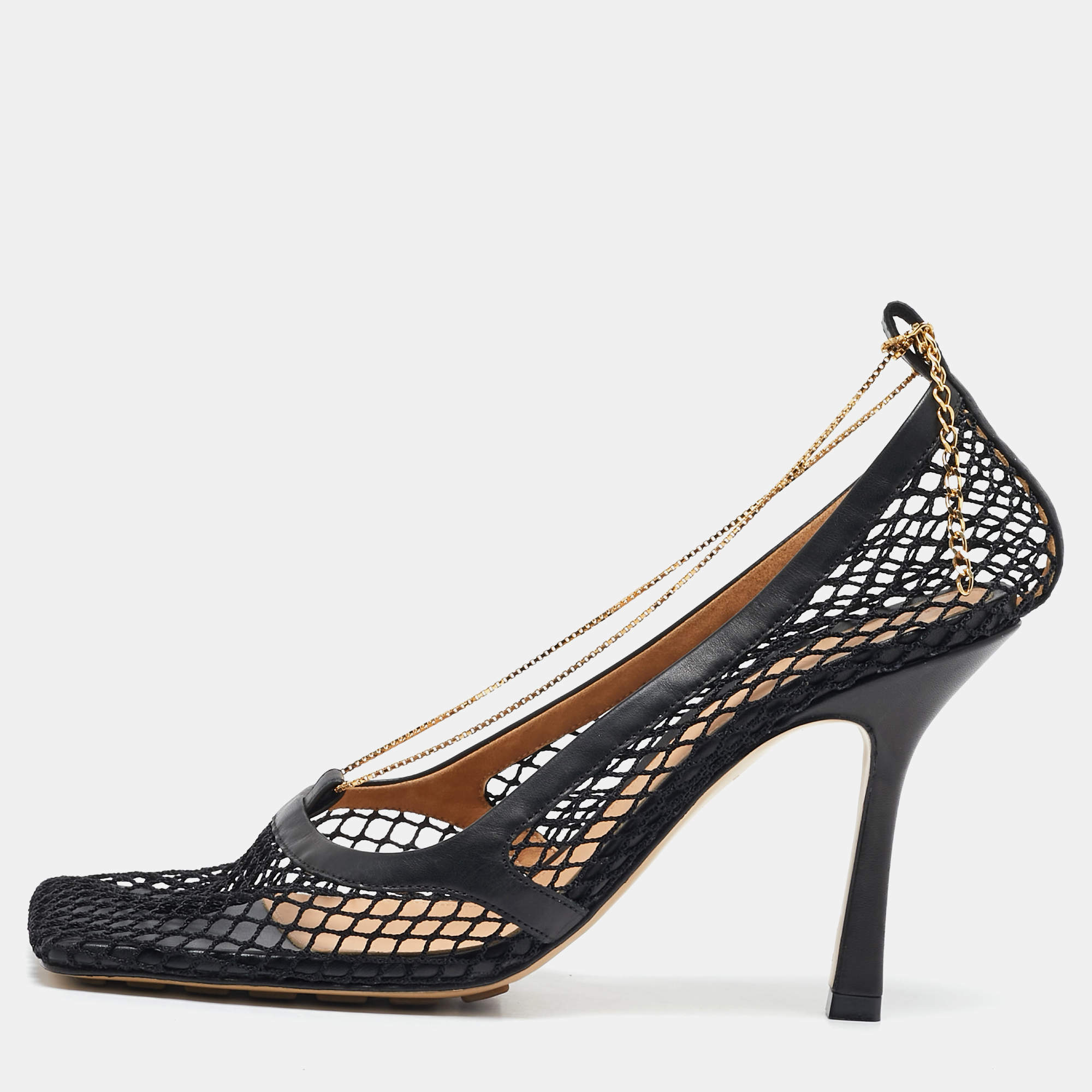 Bottega Veneta Black Mesh and Leather Trim Chain Detail Stretch Square -Toe Pumps Size 39