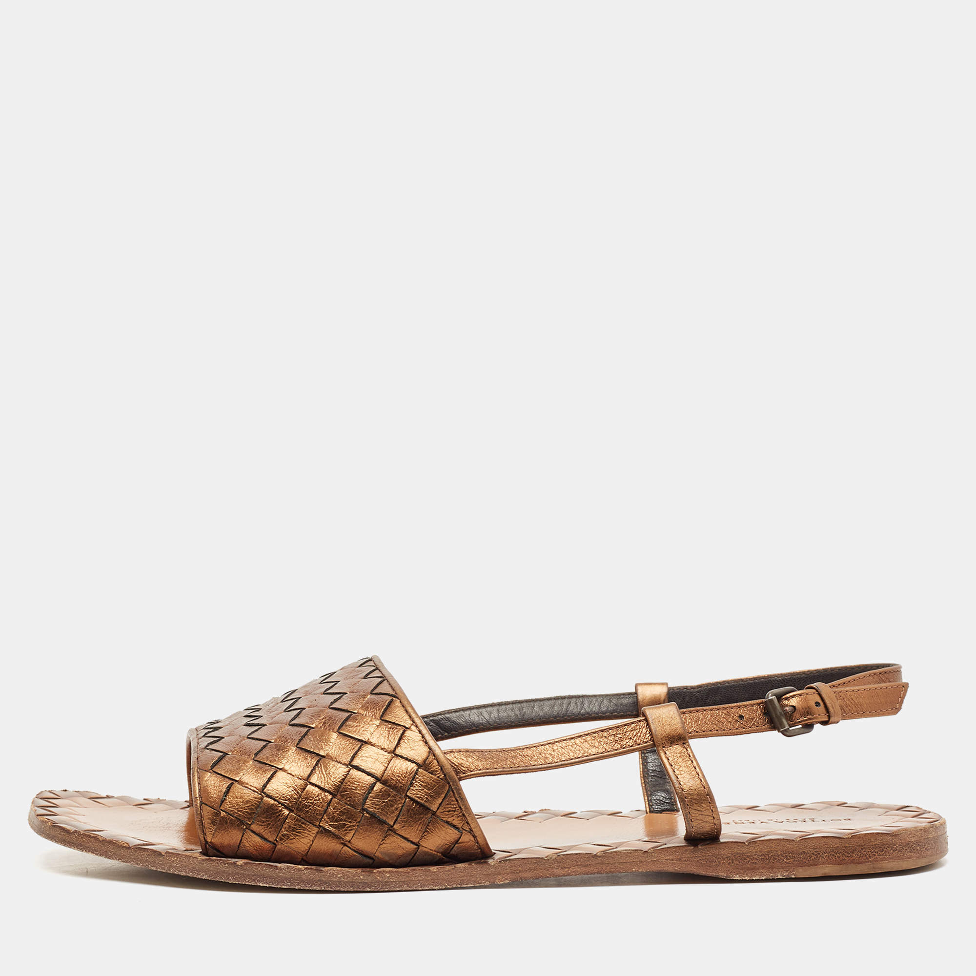 Bottega Veneta Bronze Intrecciato Leather Calvados Flat Sandals Size 40