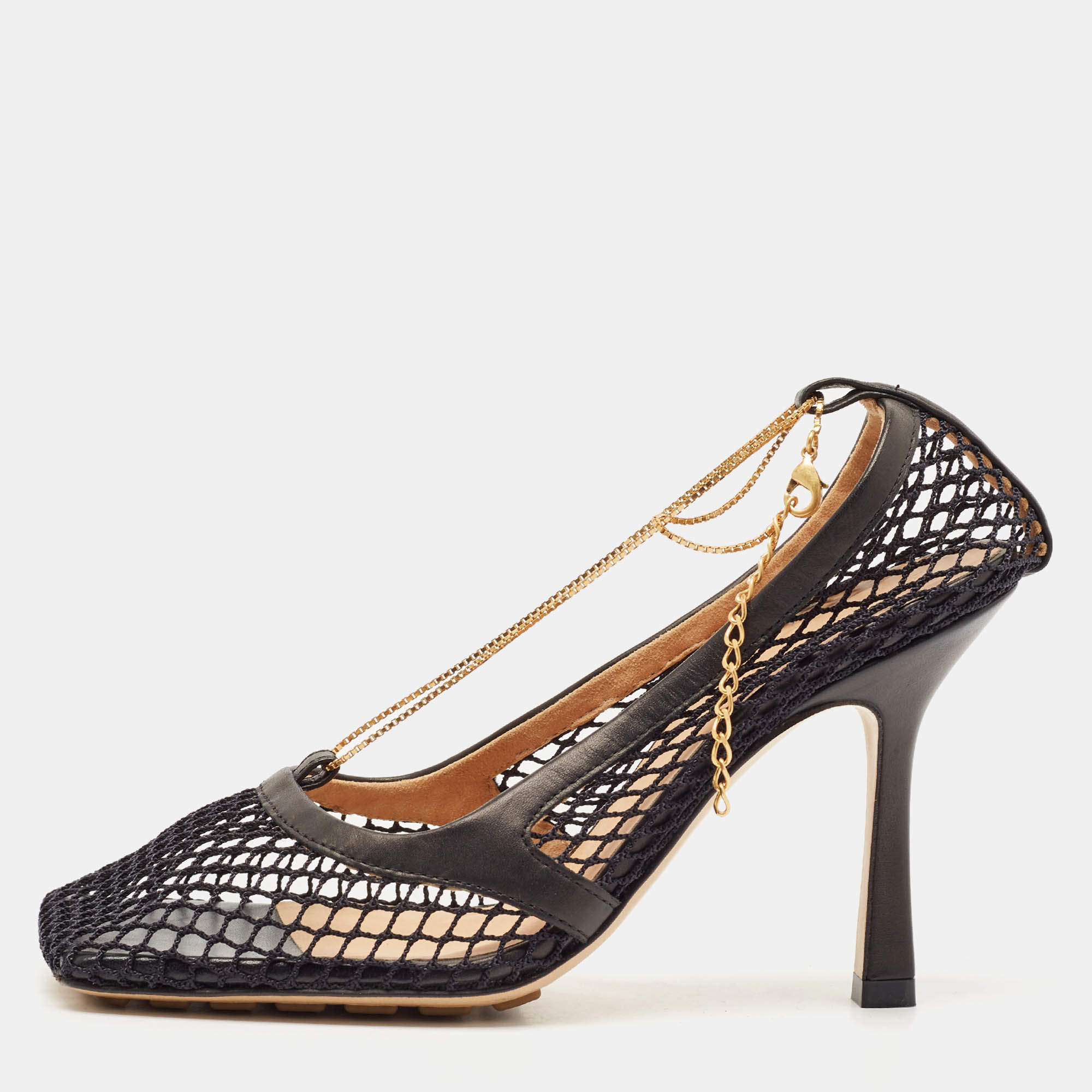 Bottega Veneta Black Mesh and Leather Chain Stretch Pumps Size 35