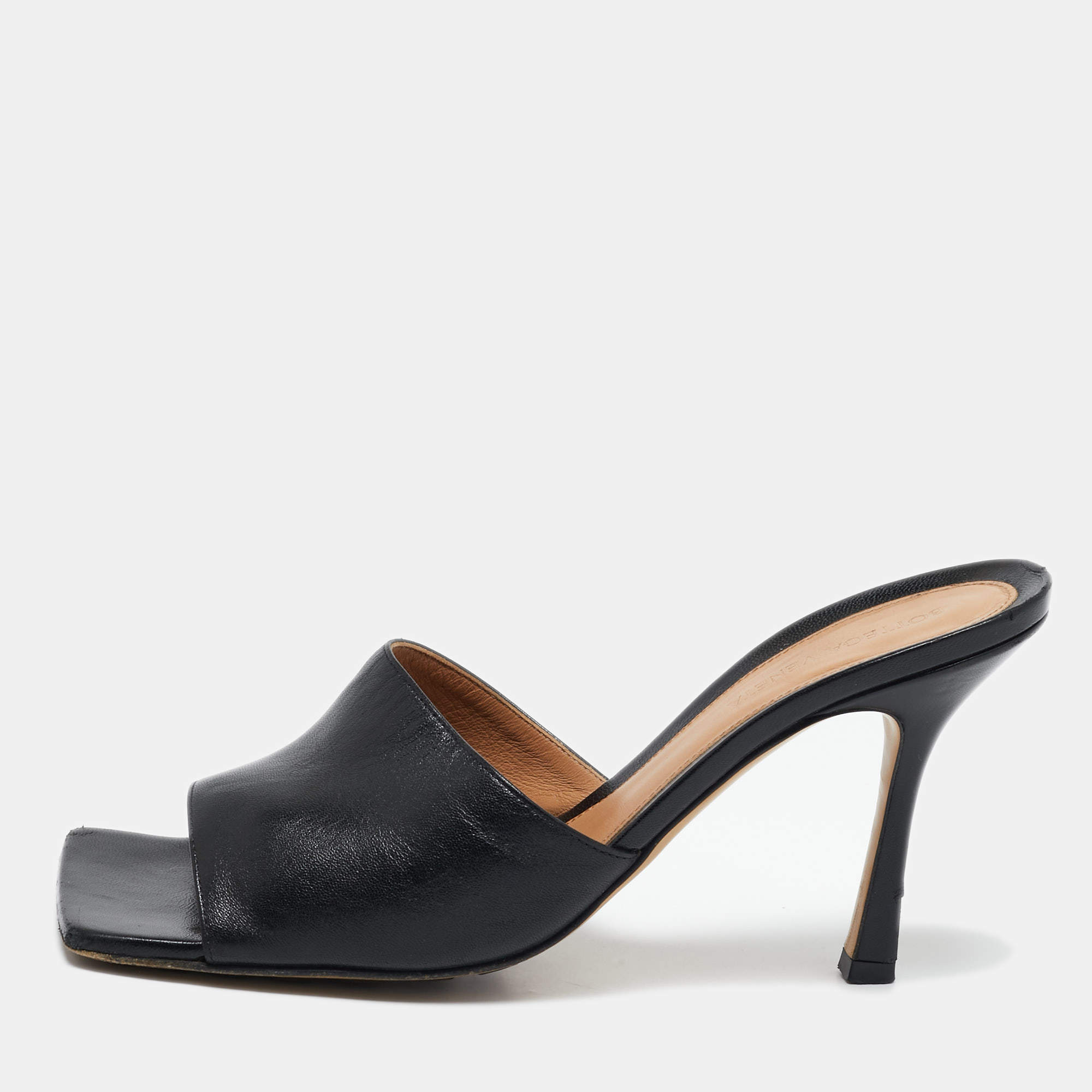 Bottega Veneta Black Leather Stretch Square Toe Slide Sandals Size 40