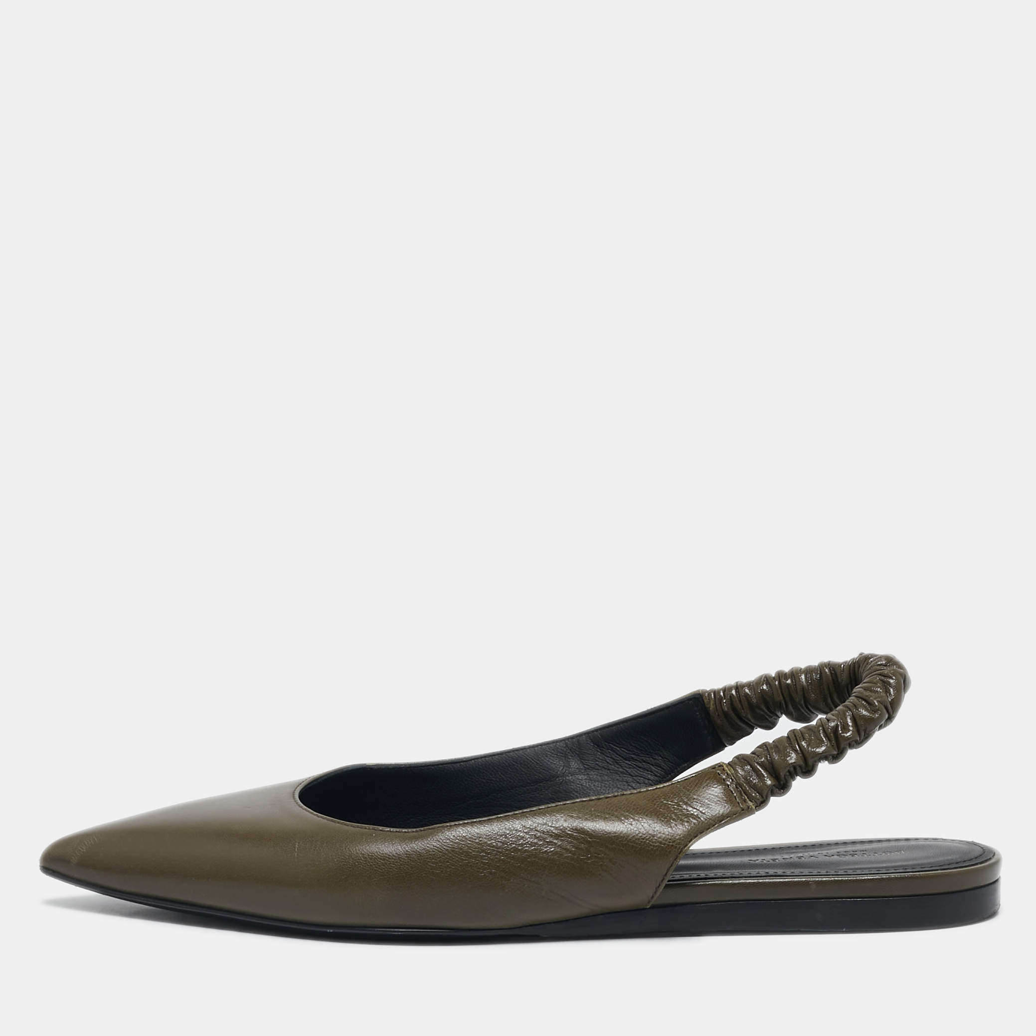 مملوكة مسبقًا Bottega Veneta Olive Green Leather Slingback Pointed Toe Flat Pumps Size 38