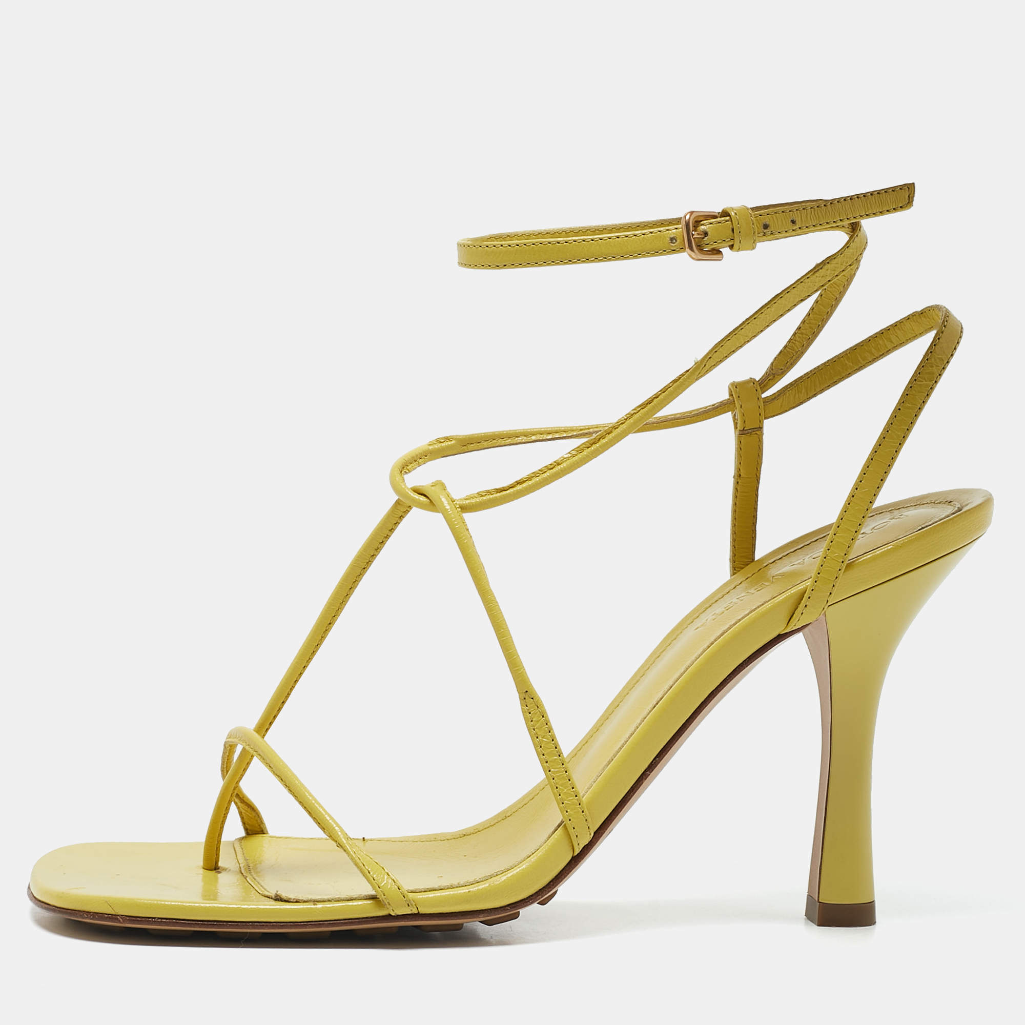 Bottega Veneta Yellow Leather Square Toe Ankle Strap Sandals Size 38