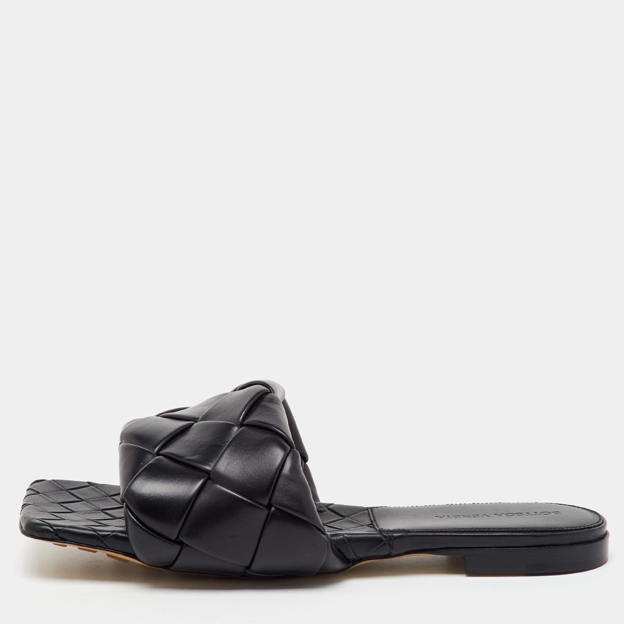 Bottega Veneta Black Intrecciato Leather Lido Flat Slide Sandals Size 39.5