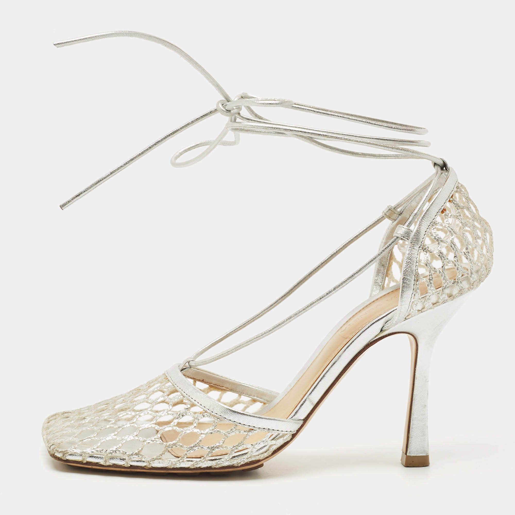 Bottega Veneta Silver Mesh and Leather Stretch Ankle Tie Pumps Size 37
