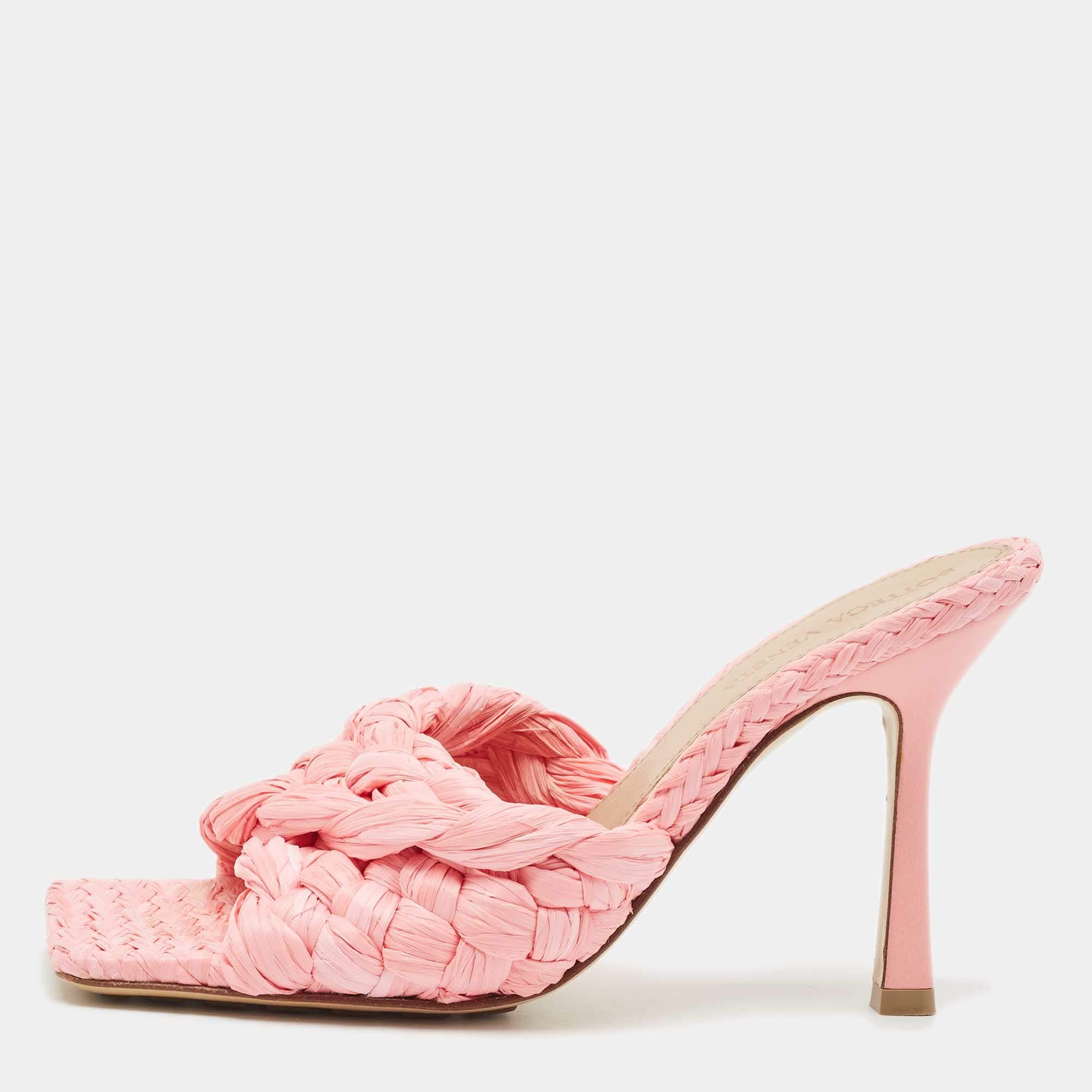 Bottega Veneta Pink Woven Raffia Stretch Slide Sandals Size 36