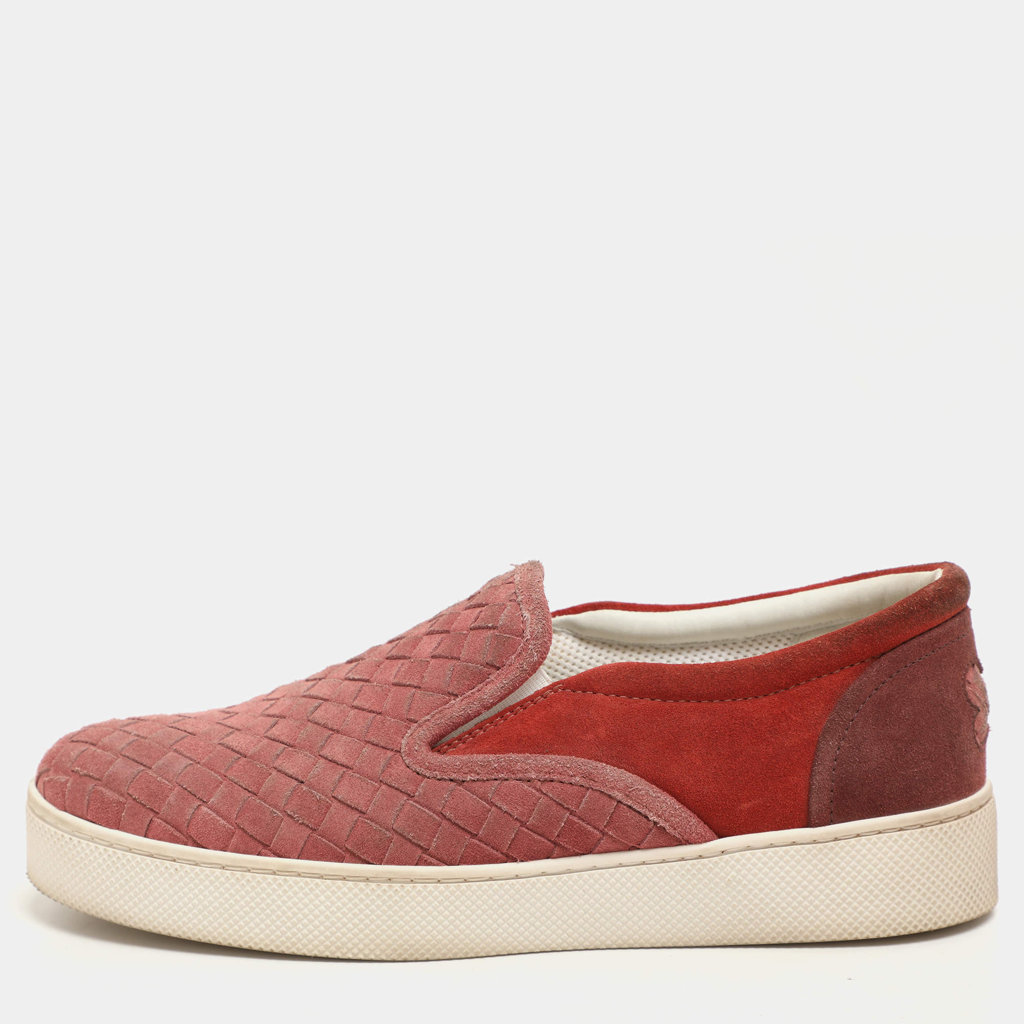 Pre Owned Bottega Veneta Burgundy/Brick Red Intrecciato Suede Dodger Slip On Sneakers 36