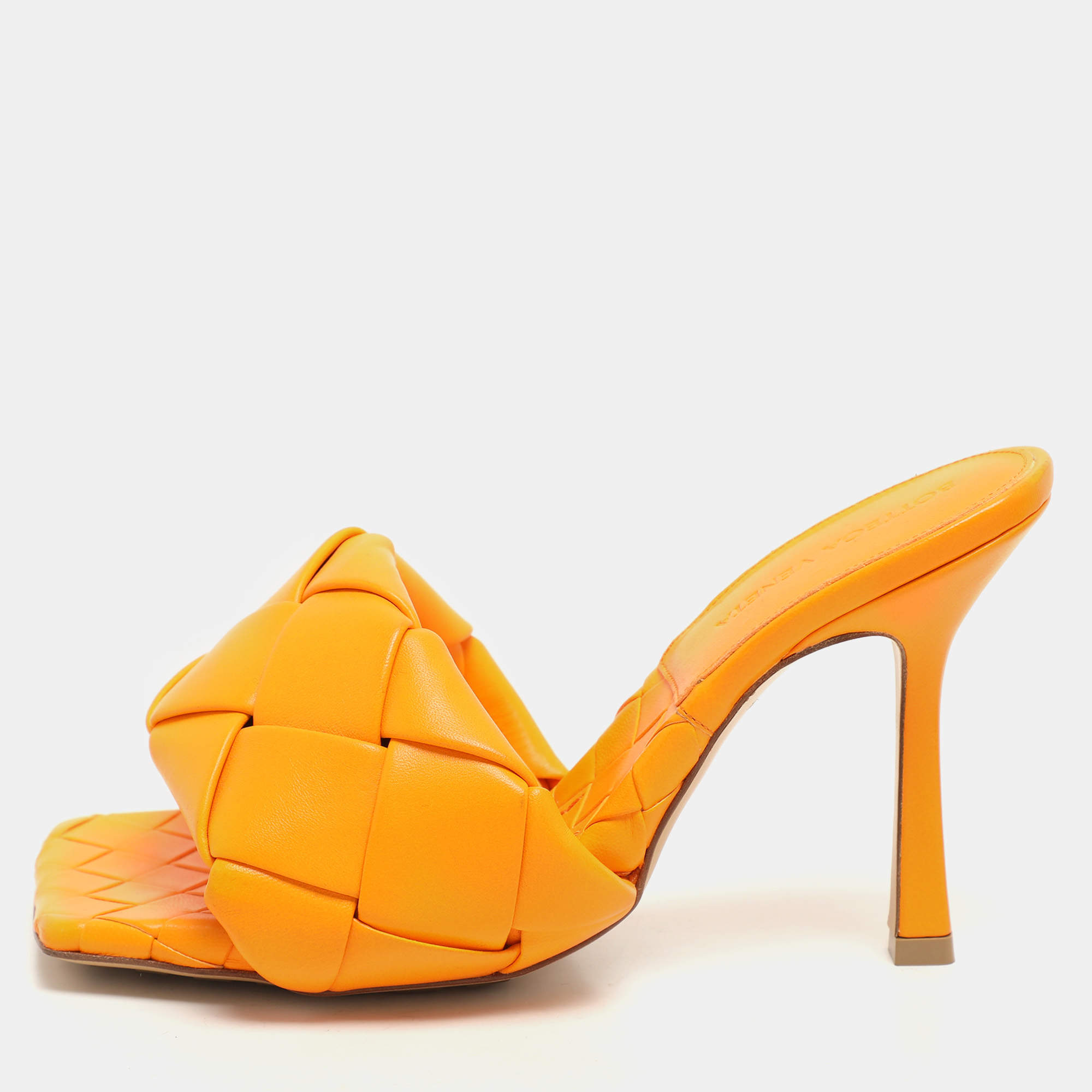 Pre Owned Bottega Veneta Orange Intrecciato Leather Lido Slide Sandals Size 36.5