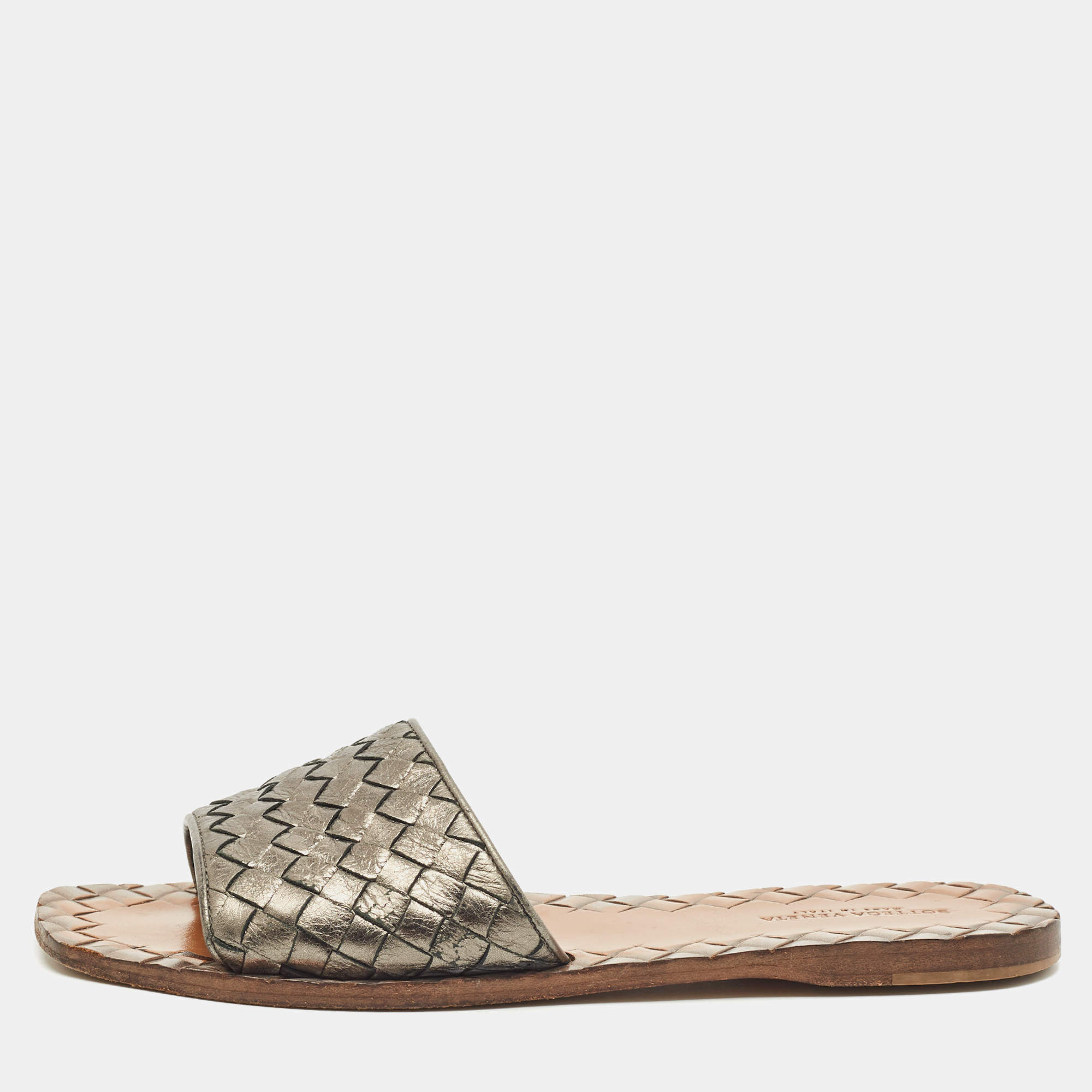 Bottega Veneta Metallic Intrecciato Leather Ravello Flat Slides Size 36