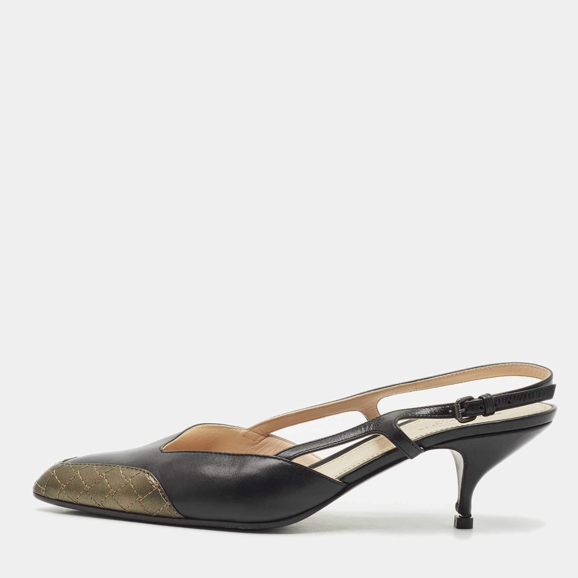 مملوكة مسبقًا حذاء كعب عالي بوتيغا فينيتا جلد معدني/أسود بحزام خلفي مقاس 41