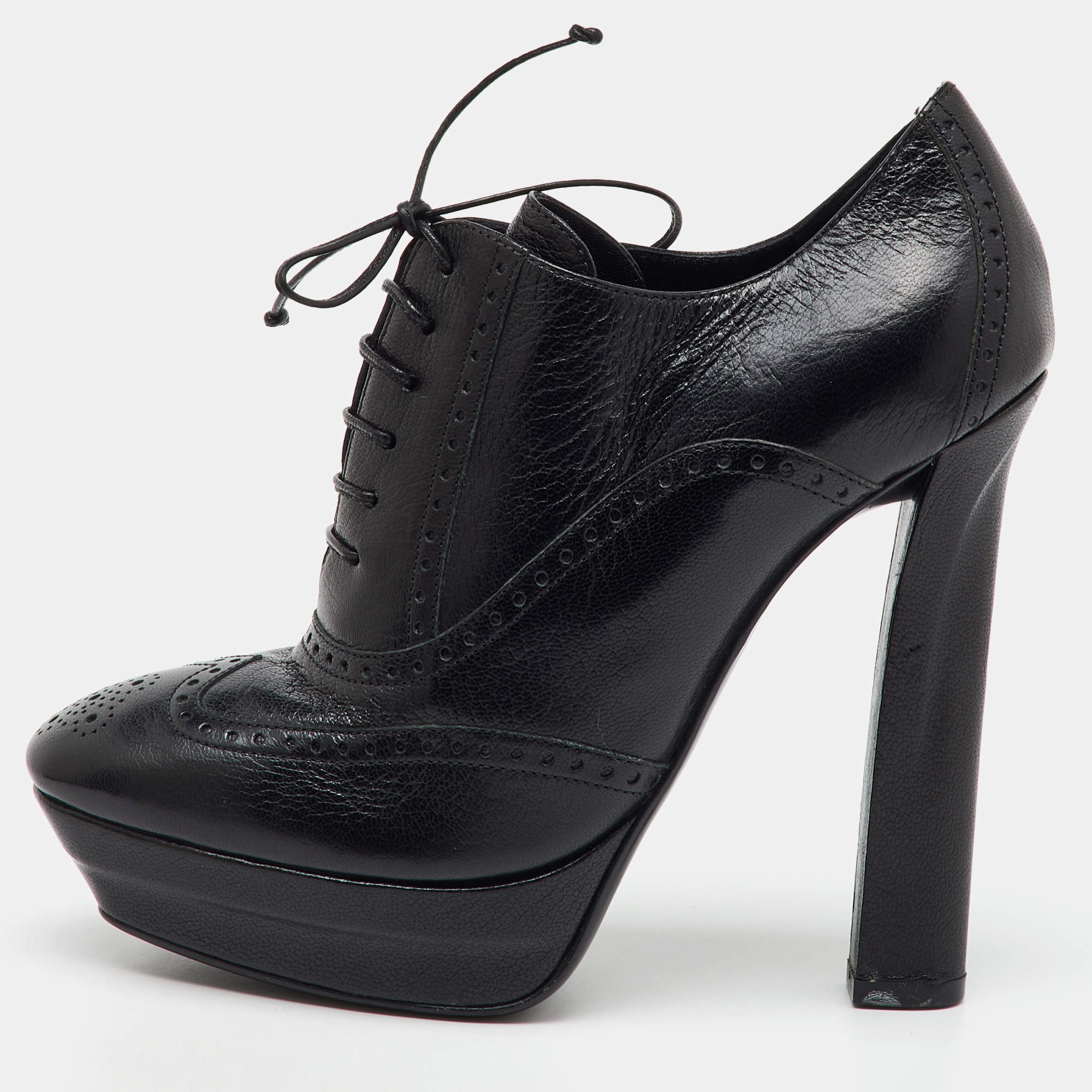 Bottega Veneta Black Brogue Leather Oxford Lace Up Platform Booties Size 39