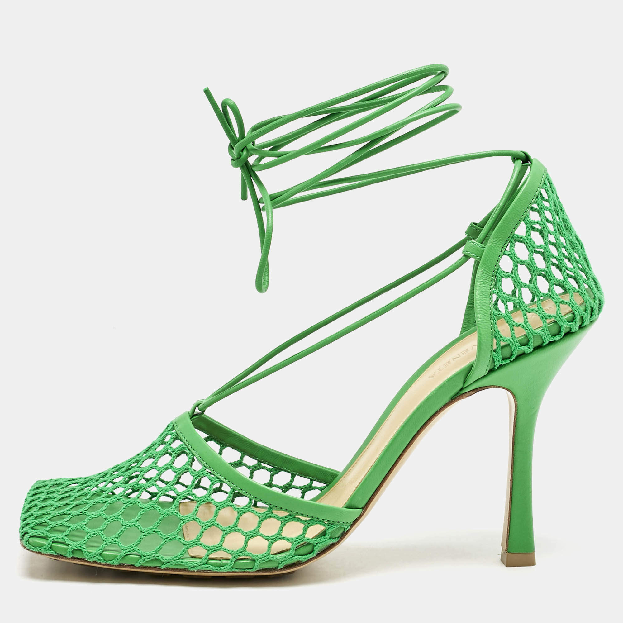 Bottega Veneta Green Crochet Mesh and Leather Stretch Ankle Wrap Pumps Size 41