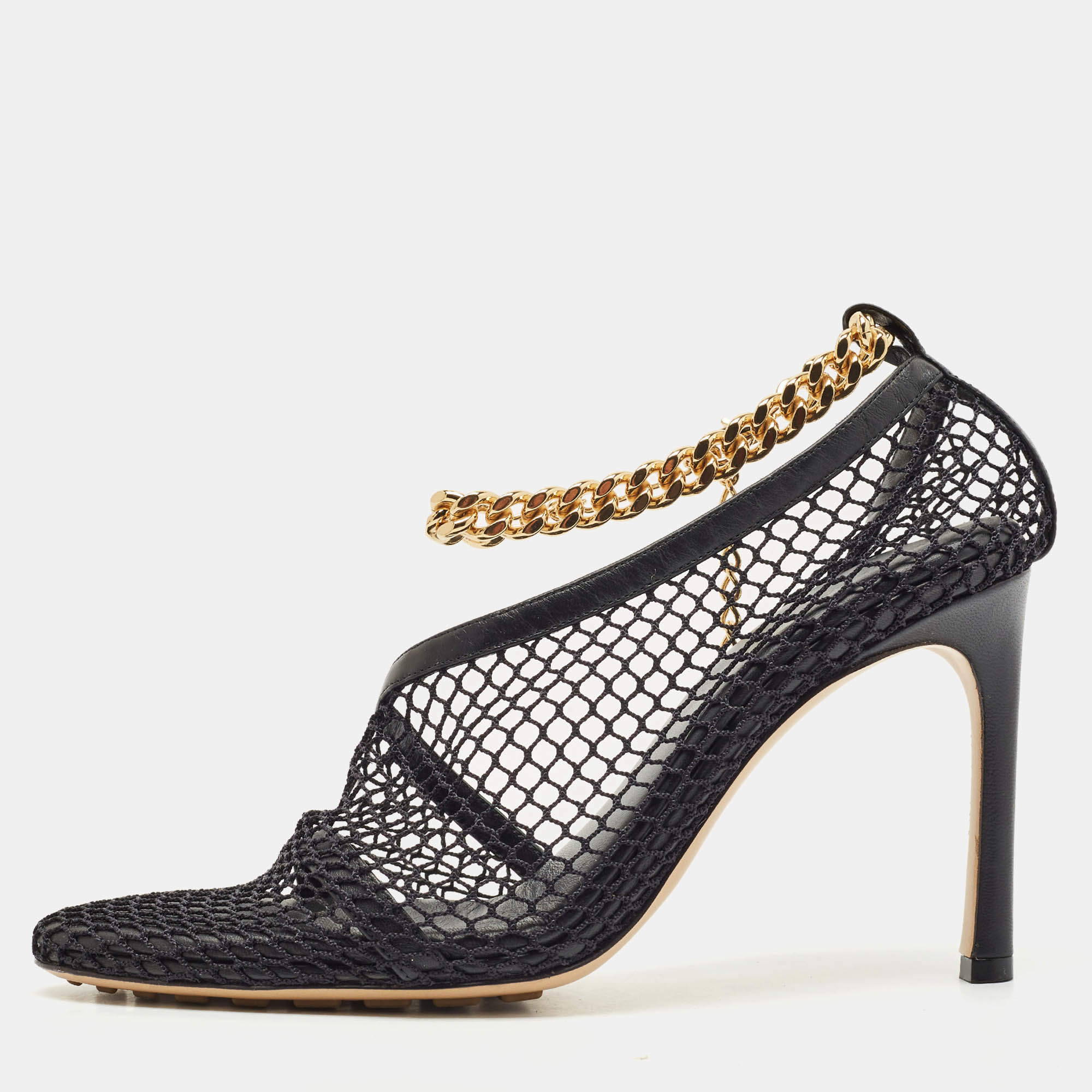 Bottega Veneta Black Mesh and Leather Chunky Chain Ankle Strap Pumps Size 38