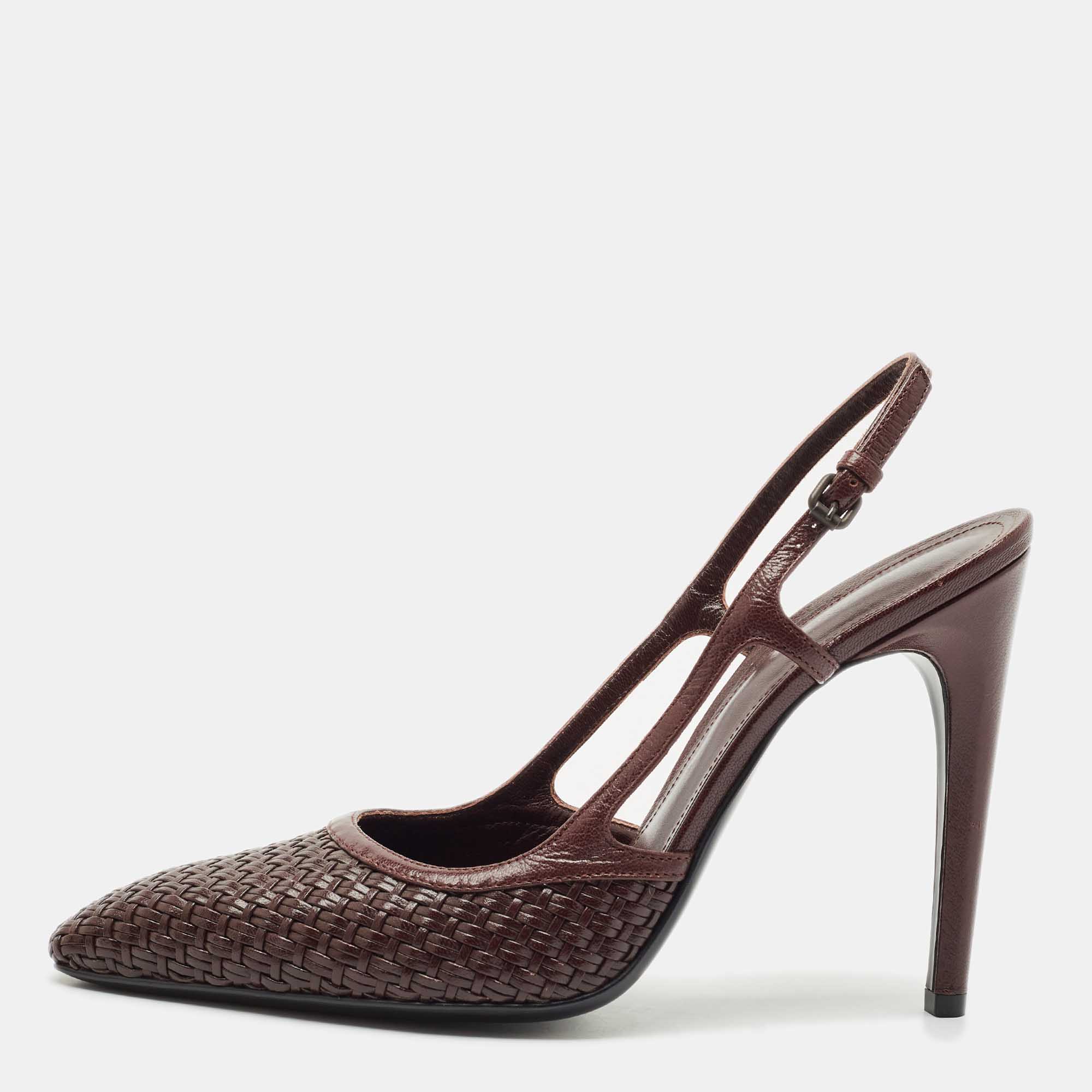 Pre Owned Bottega Veneta Dark Brown Intrecciato Leather Slingback Pumps Size 40