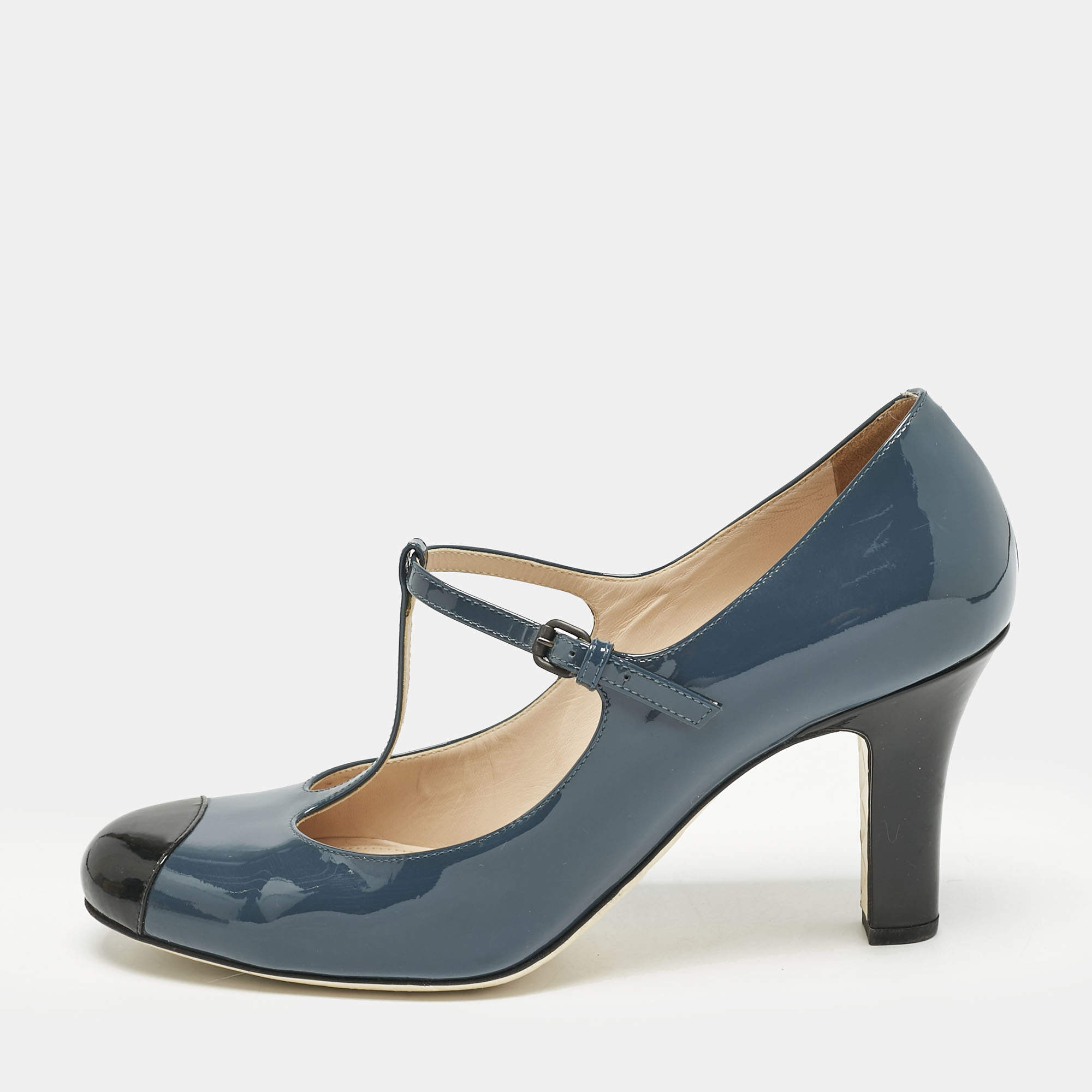 Bottega Veneta Blue/Black Patent Leather Mary Jane Pumps Size 40