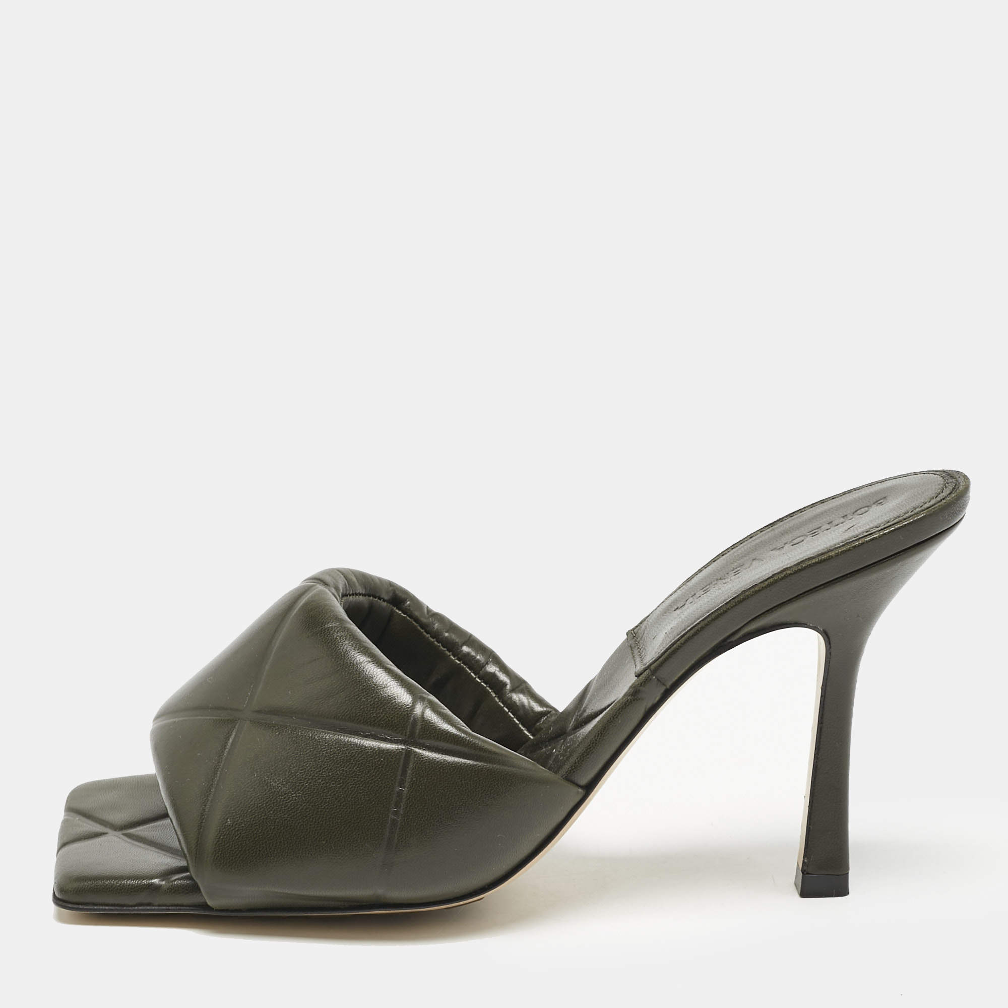 Bottega Veneta Olive Green Leather Lido Slide Sandals Size 38