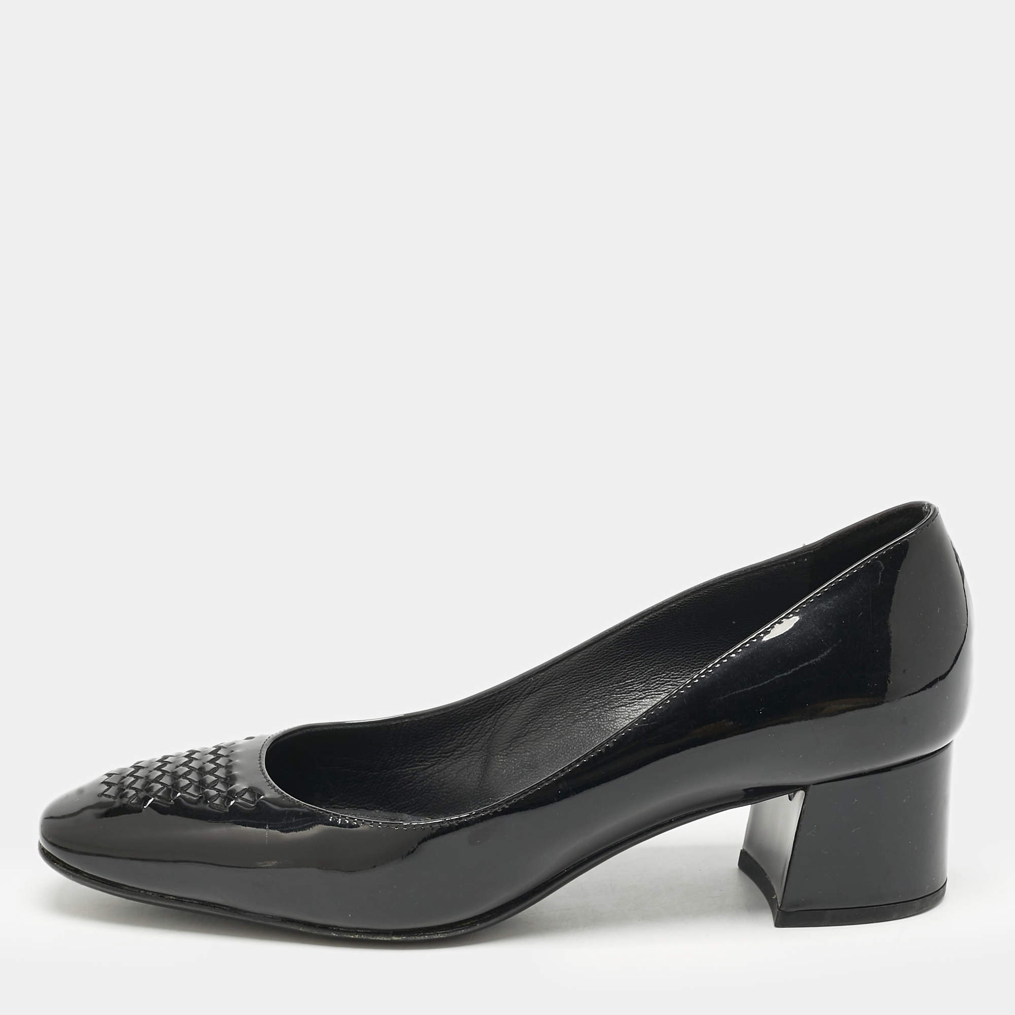 Bottega Veneta Black Intrecciato Patent Leather Block Heel Pumps Size 36.5