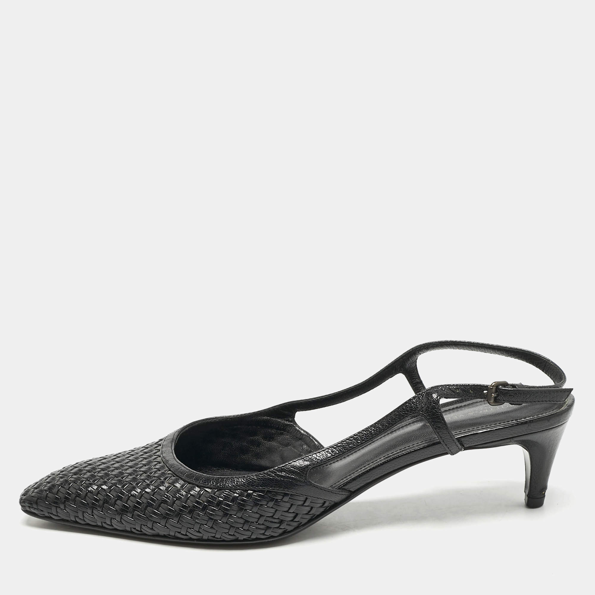 Bottega Veneta Black Intrecciato Leather Slingback Pumps Size 40
