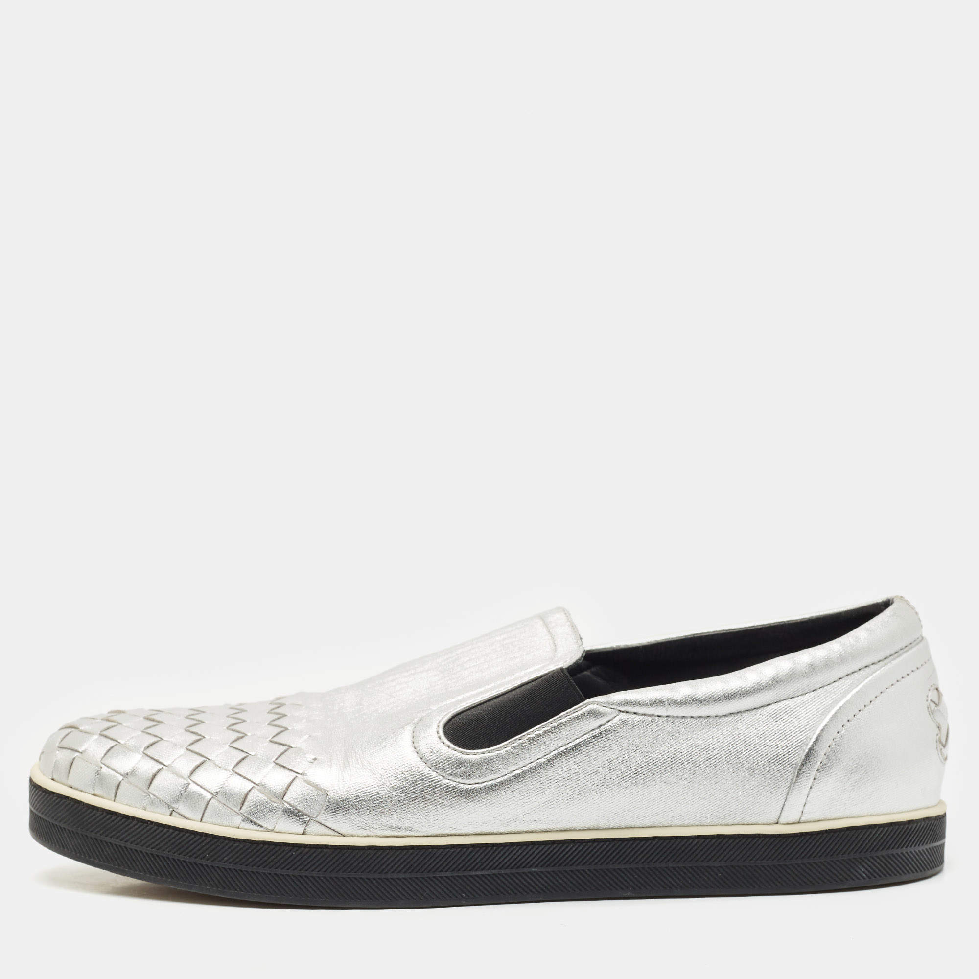 Bottega Veneta Silver Intrecciato Leather Dodger Slip On Sneakers Size 40