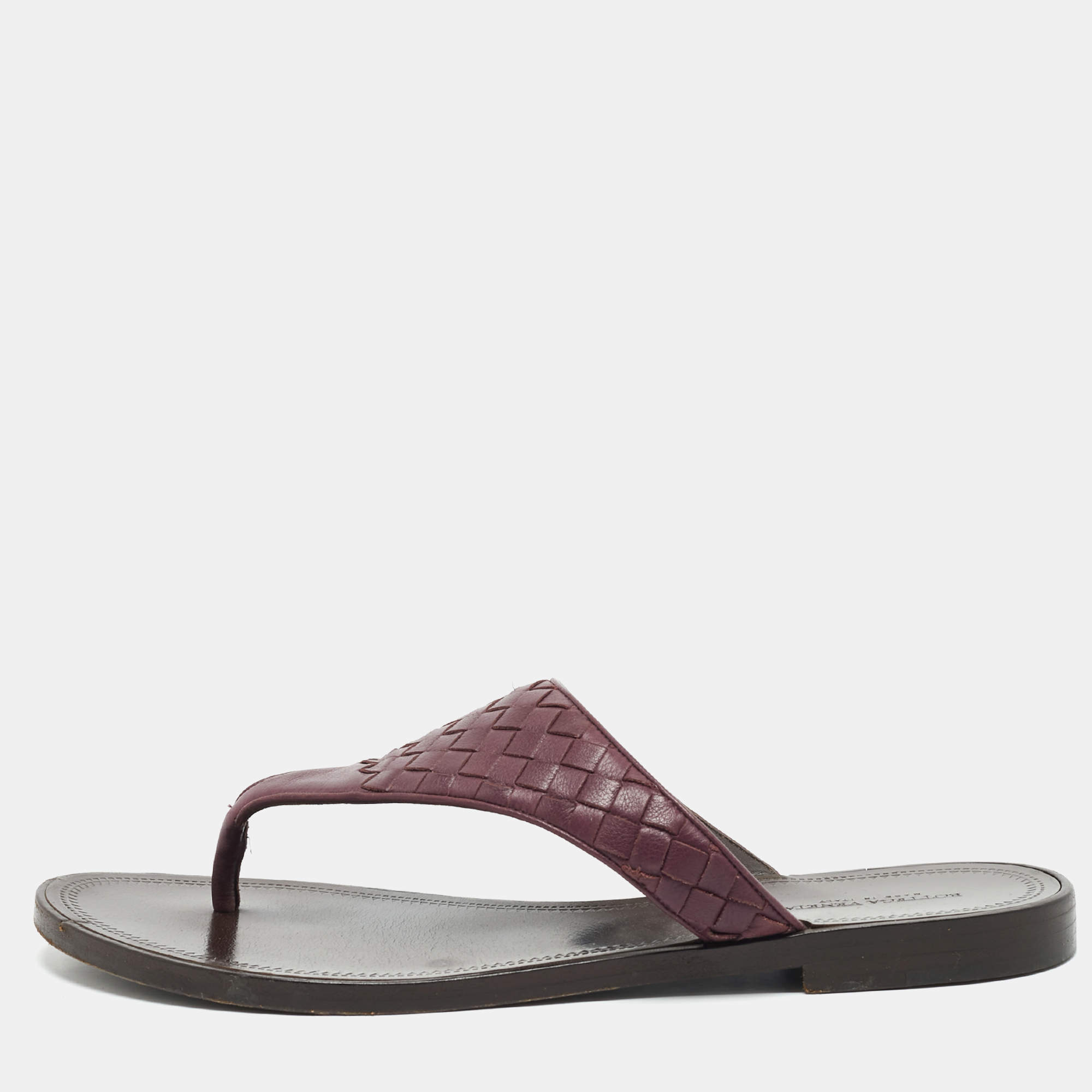 Pre Owned Bottega Veneta Dark Purple Intrecciato Leather Flat Thong Sandals Size 40