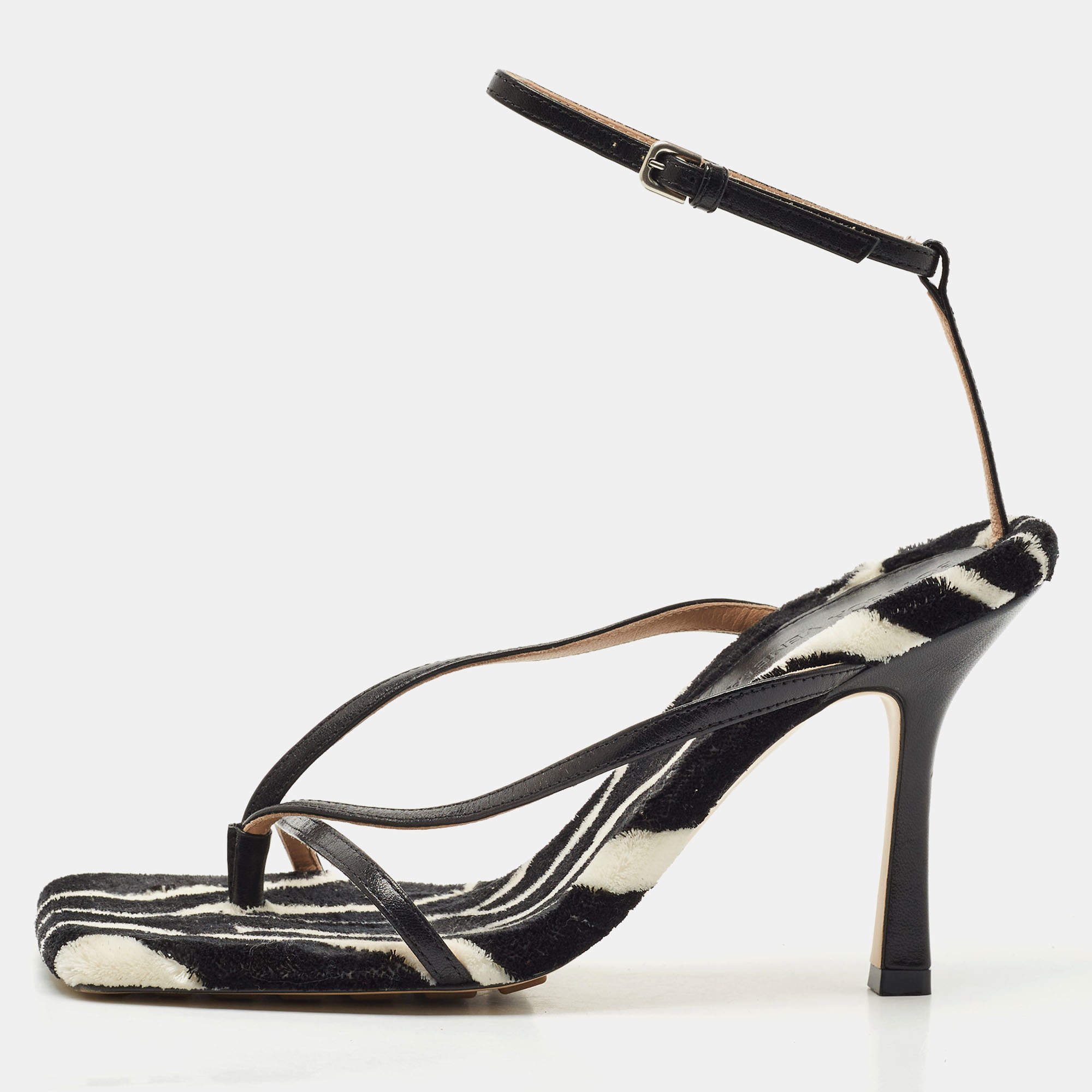 Pre Owned Bottega Veneta Black Leather and Fur Stretch Ankle Strap Sandals Size 37