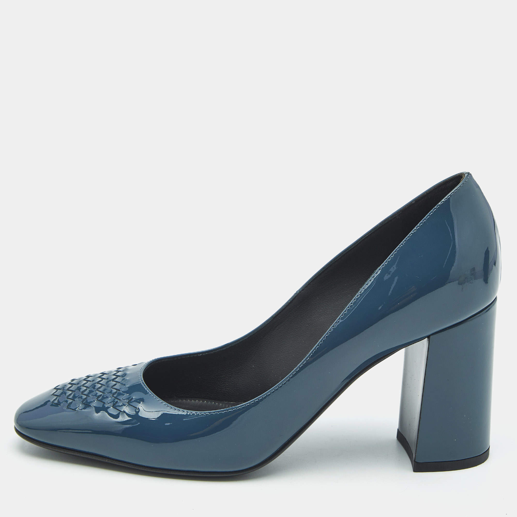 Pre Owned Bottega Veneta Blue Intrecciato Patent Leather Block Heel Pumps Size 36.5