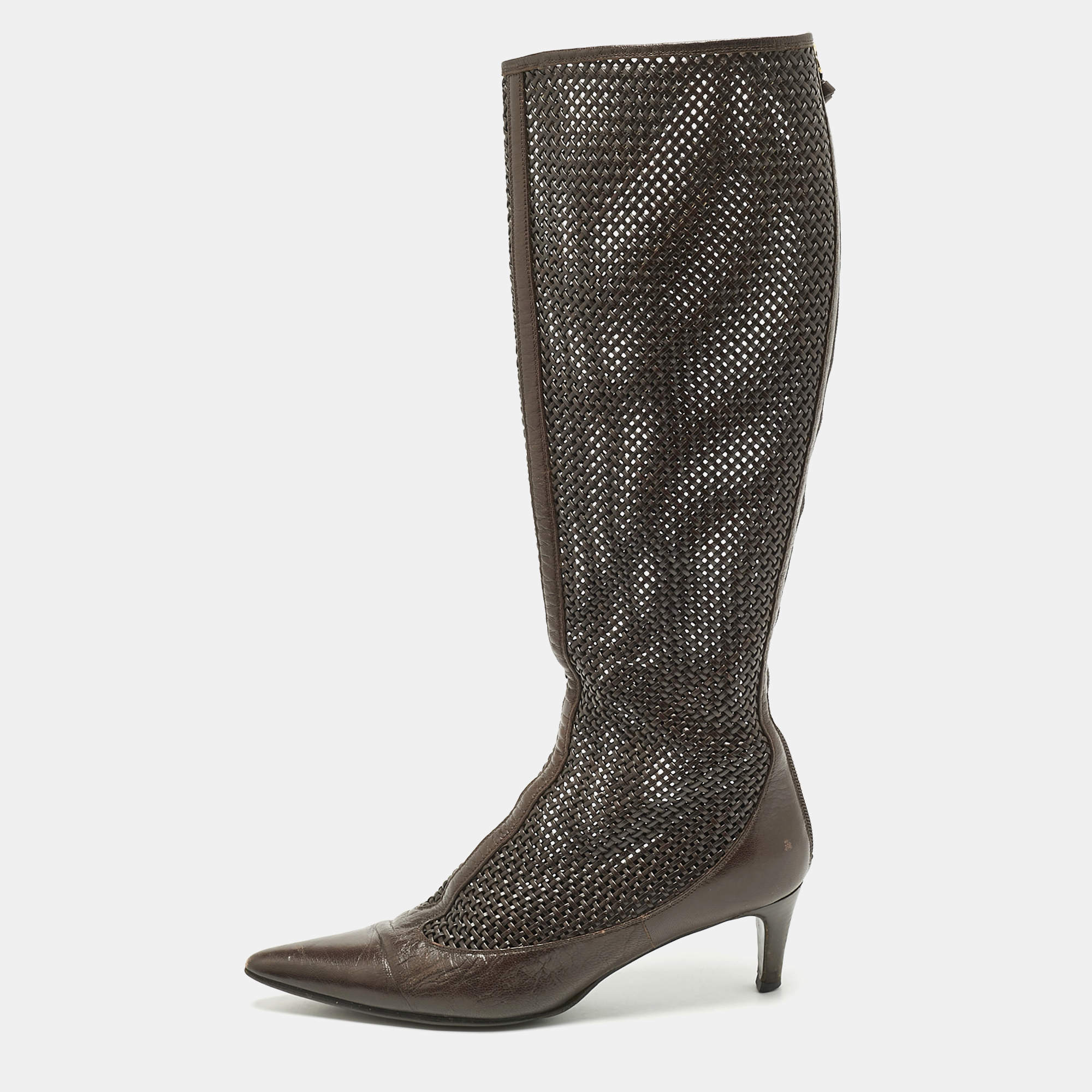 Pre Owned Bottega Veneta Dark Brown Woven Leather Zipped Knee Length Boots Size 39.5