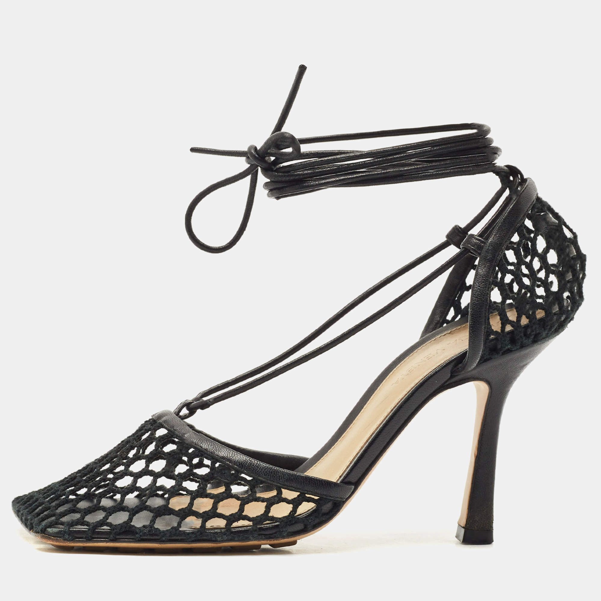 Pre Owned Bottega Veneta Black Crochet Mesh and Leather Stretch Ankle Wrap Pumps Size 36