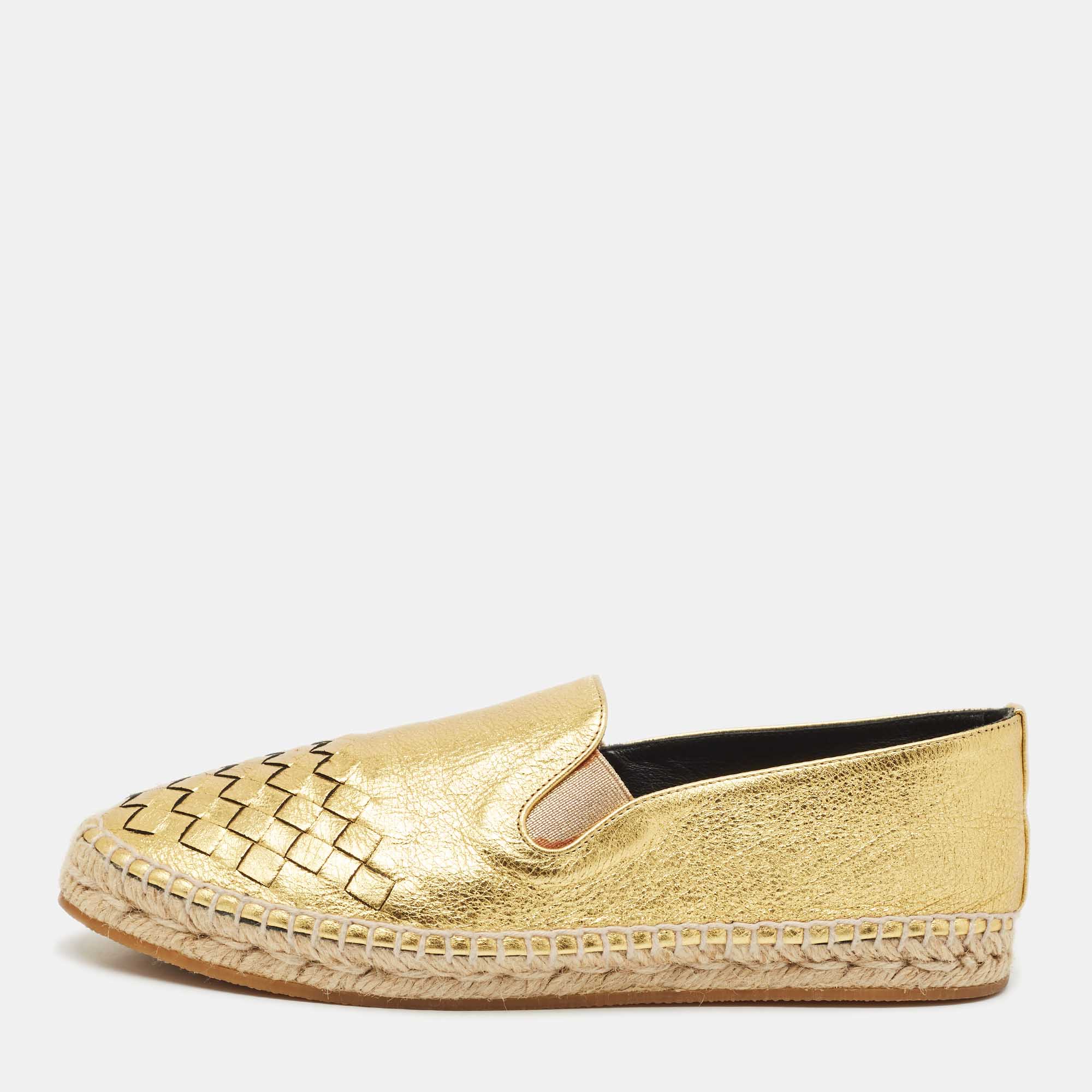 Pre Owned Bottega Veneta Gold Leather Intrecciato Espadrille Flats Size 37