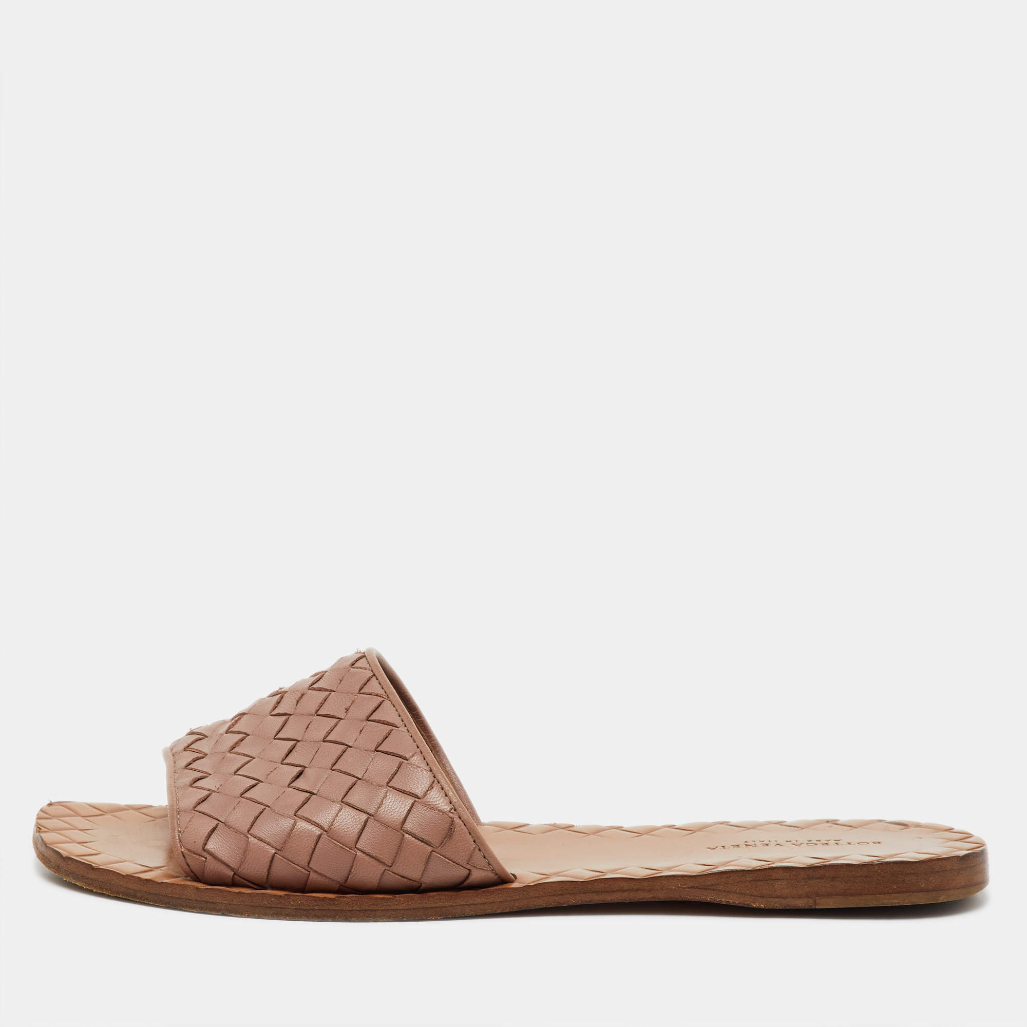 Pre Owned Bottega Veneta Light Brown Intreciatto Leather Flat Slide Sandals Size 37