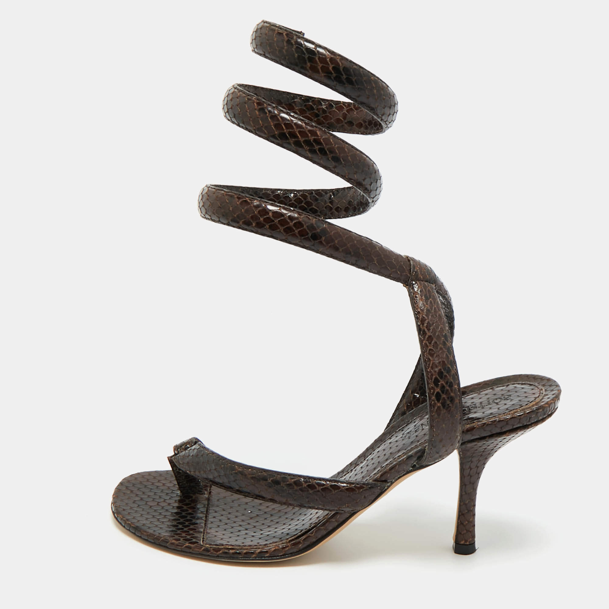 Pre Owned Bottega Veneta Brown Python Embossed Leather Ankle Wrap Sandals Size 37