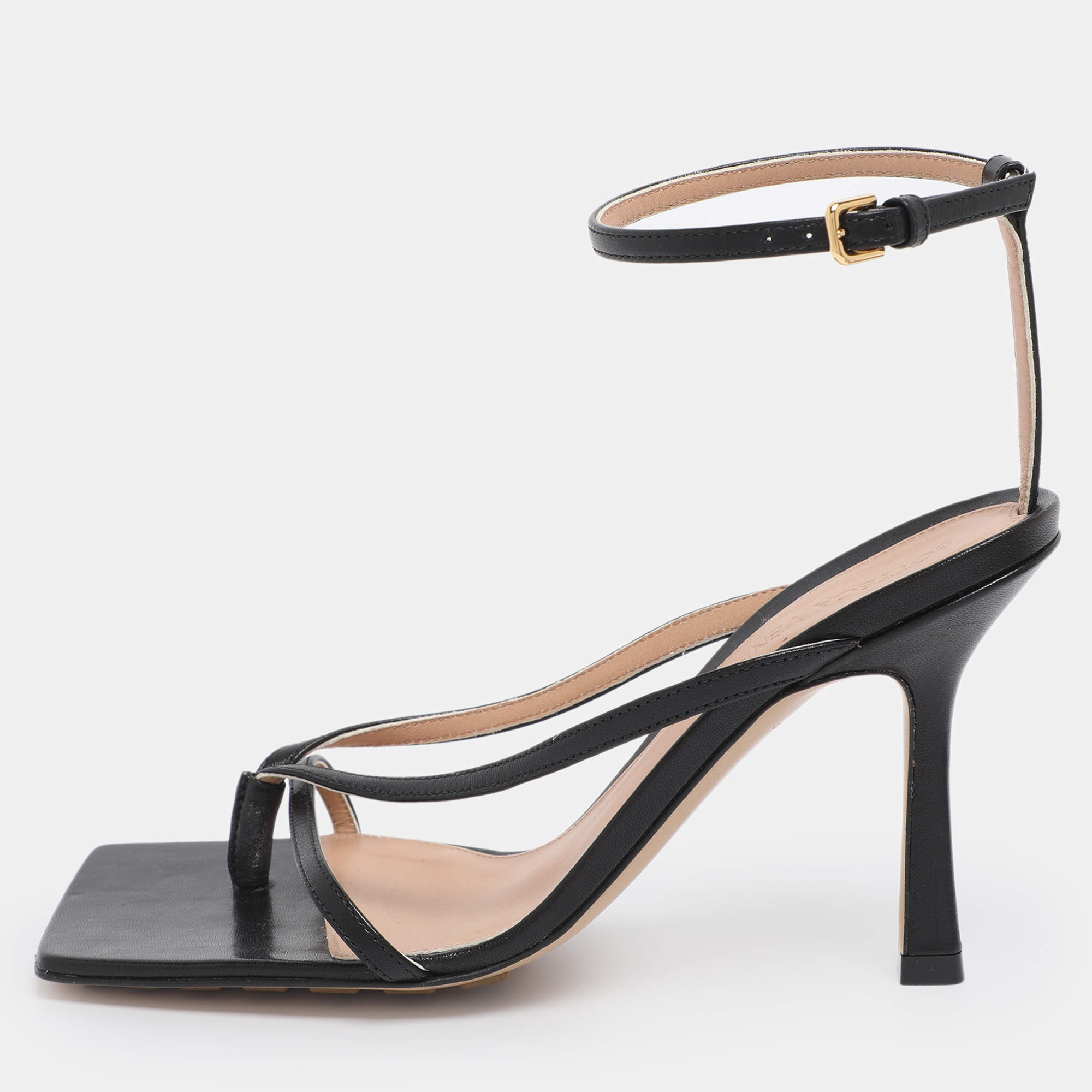 Pre Owned Bottega Veneta Black Leather Stretch Ankle Strap Sandals Size 36