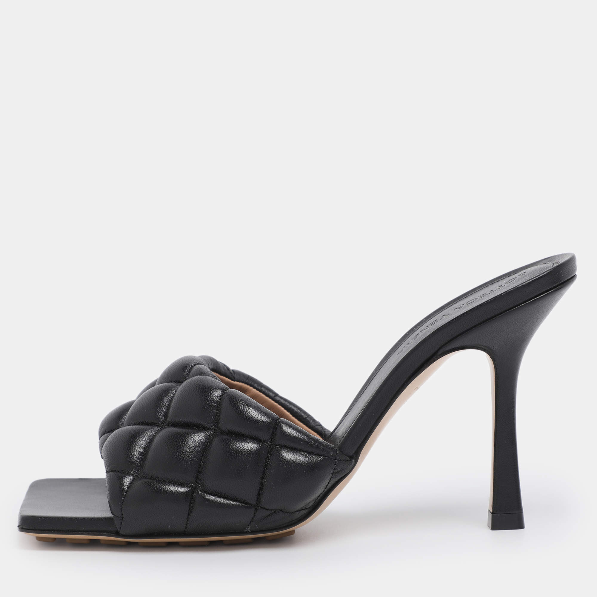 Pre Owned Bottega Veneta Black Leather Quilted Lido Slide Size 36.5