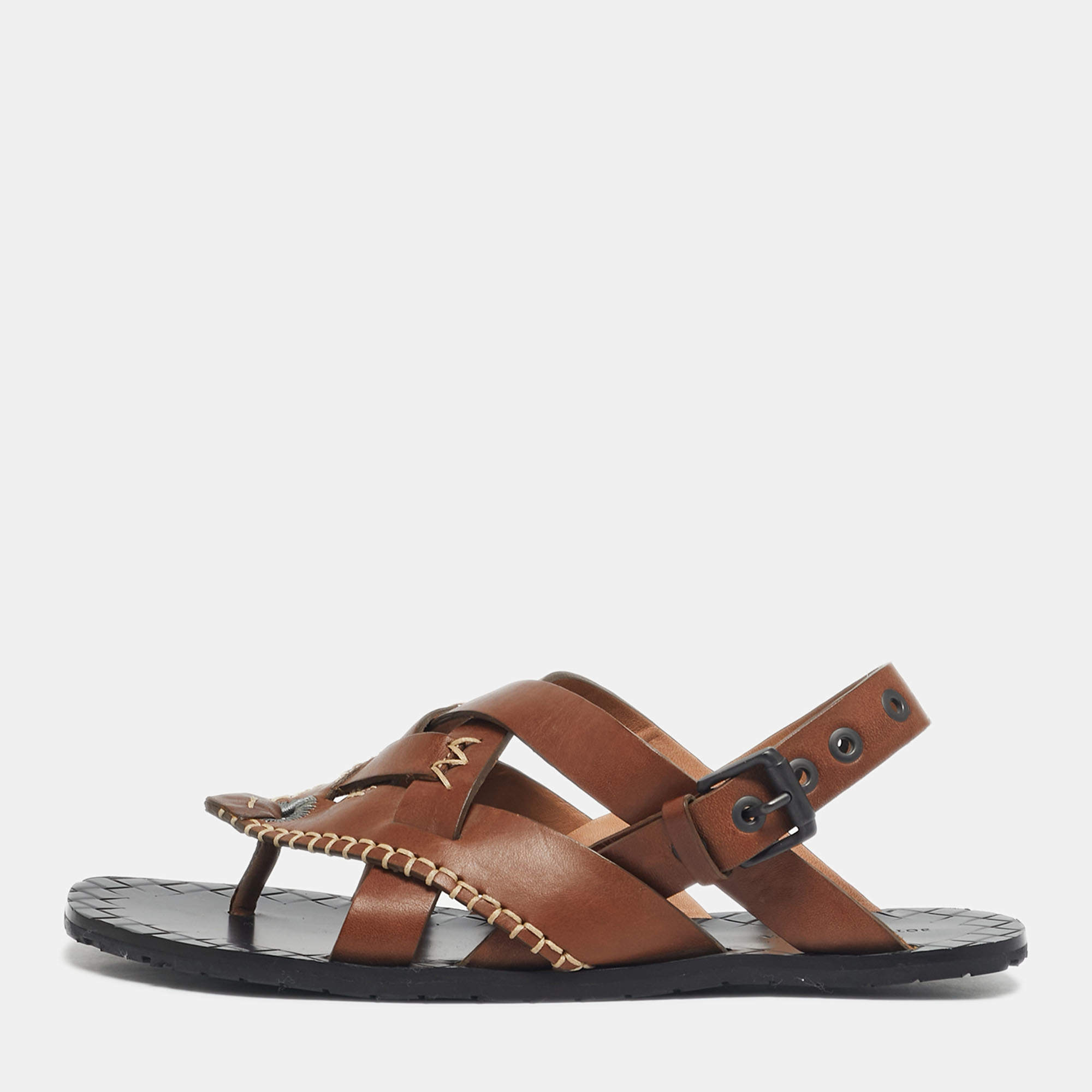 Pre Owned Bottega Veneta Brown Leather Thong Slingback Flat Sandal Size 39