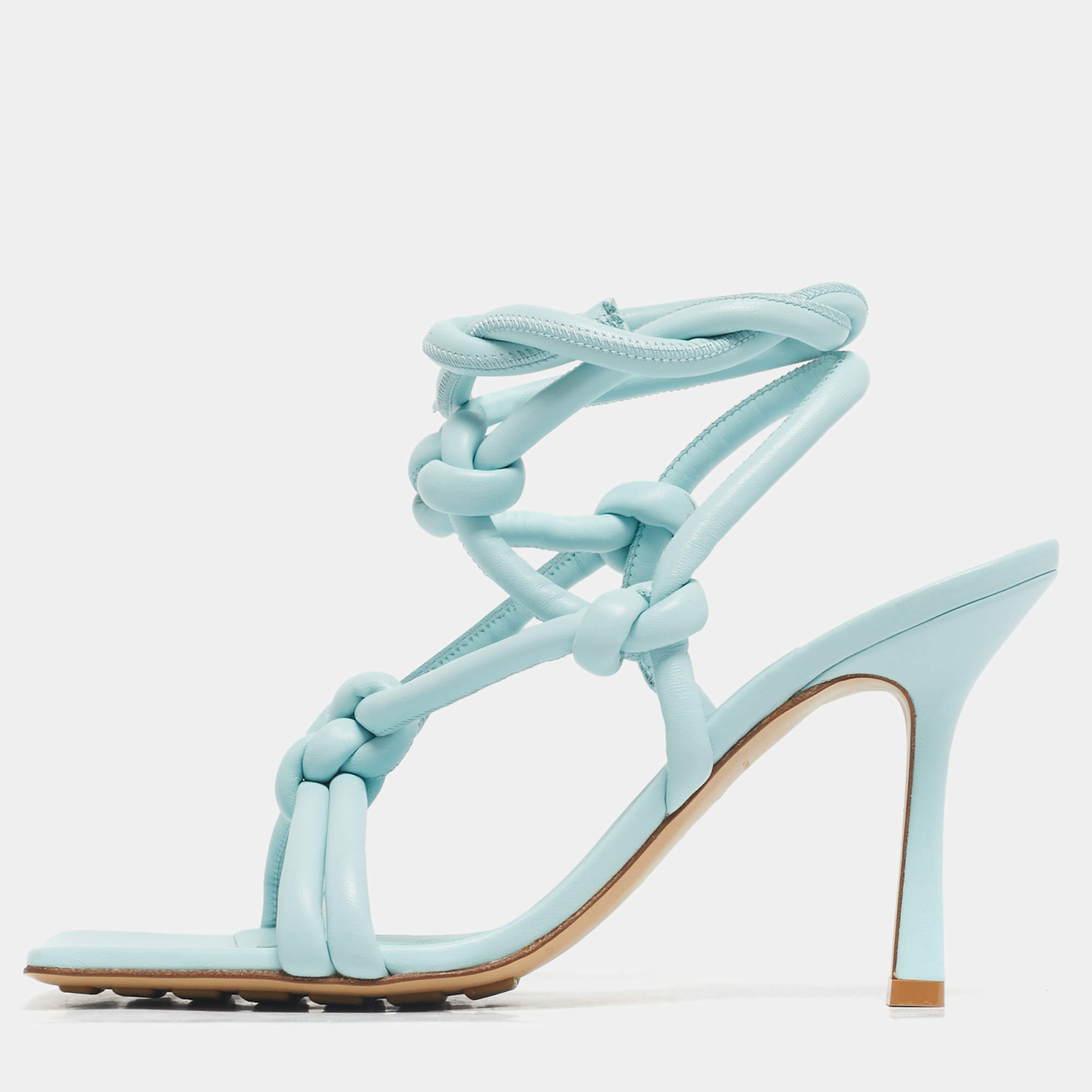 Pre Owned Bottega Veneta Blue Leather Ankle Strap Sandals Size 39