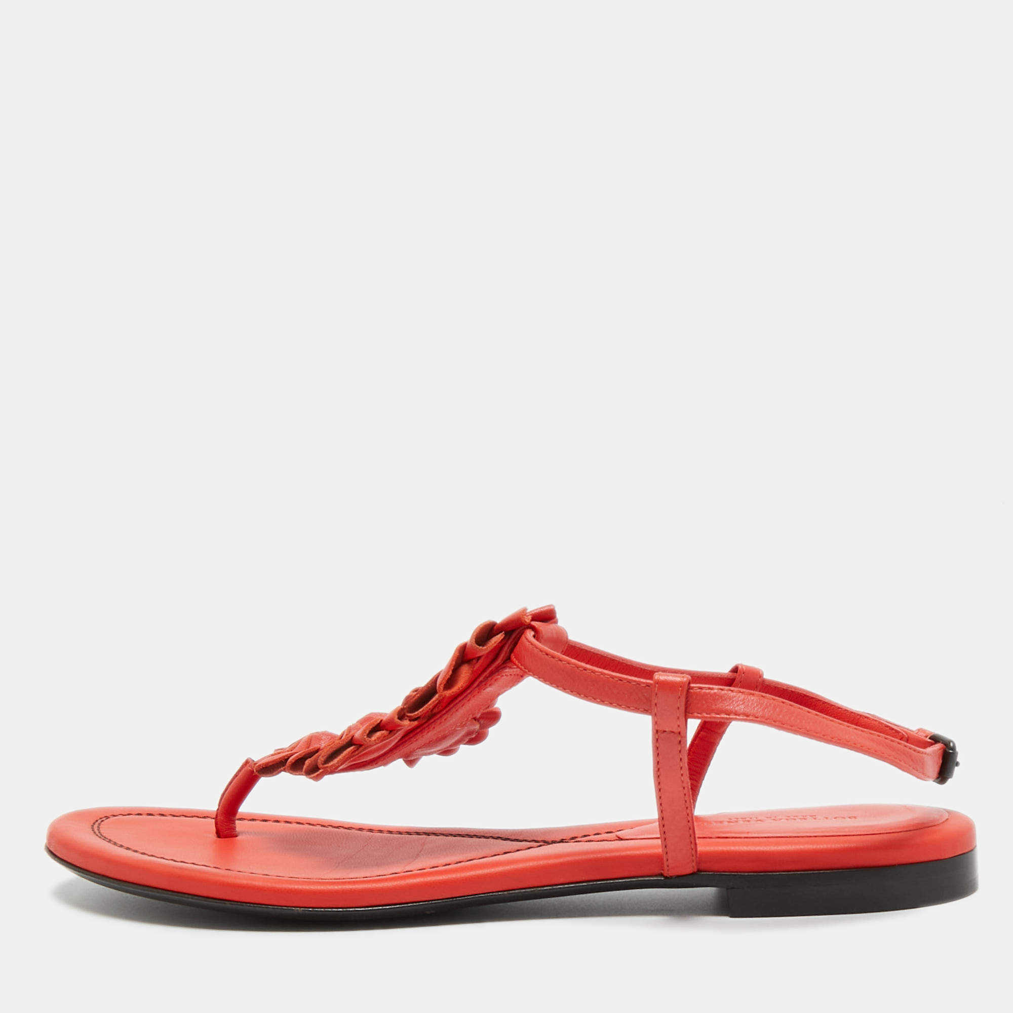 Pre Owned Bottega Veneta Red Leather Flower Cutout Sunset Flat Sandals Size 39