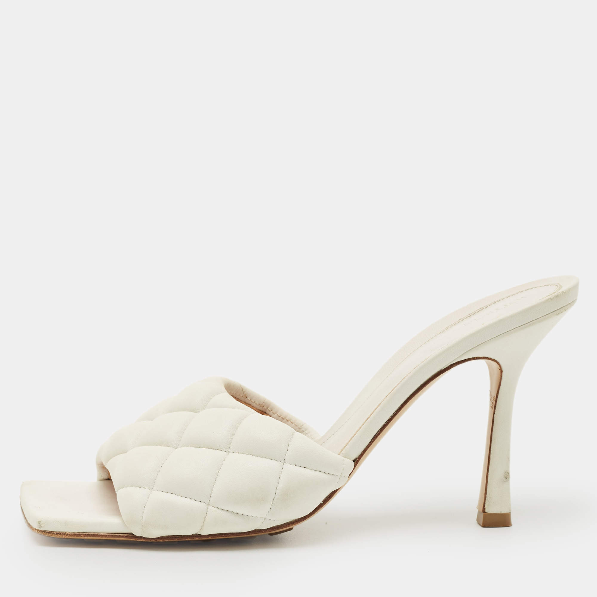 Pre Owned Bottega Veneta White Leather Lido Slide Sandals Size 38.5