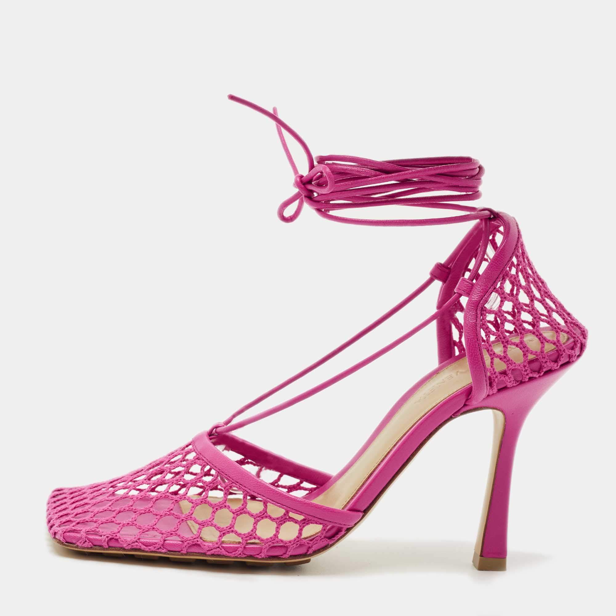 Pre Owned Bottega Veneta Pink Leather and Mesh Strech Pumps Size 38