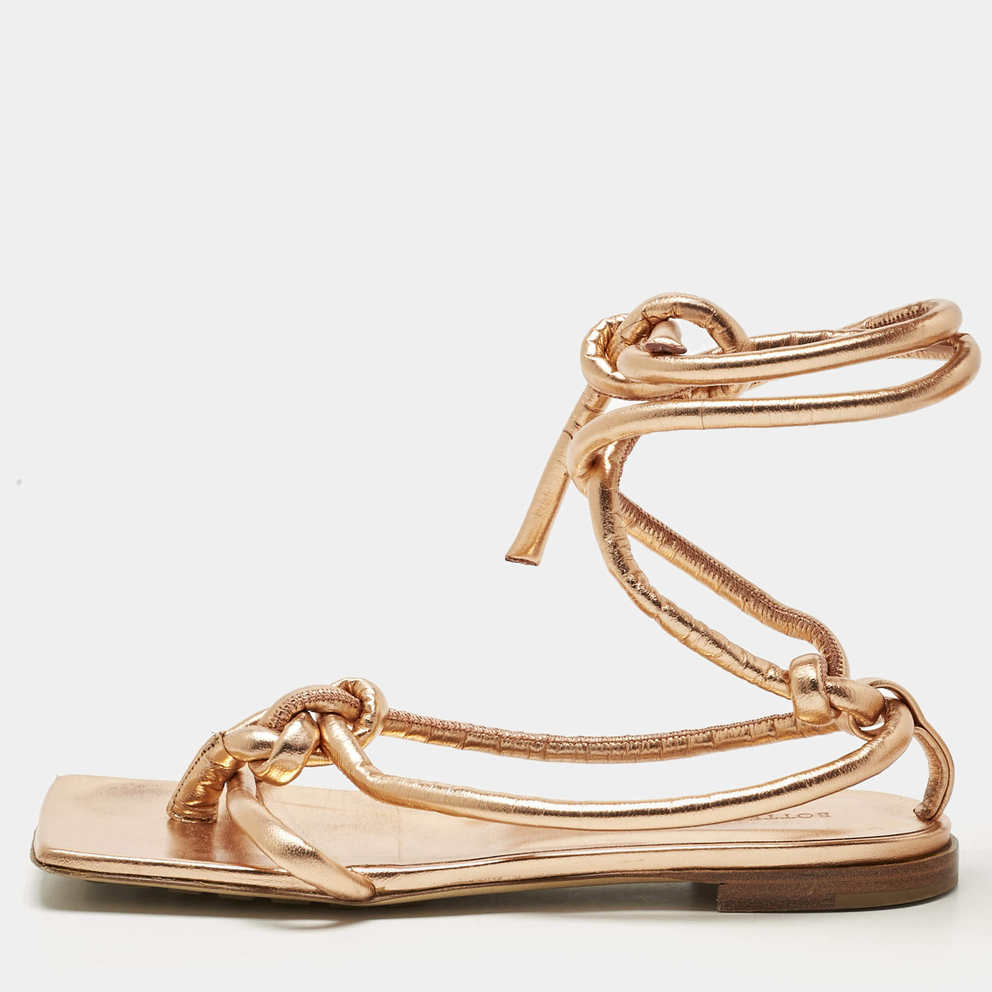 Pre Owned Bottega Veneta Gold Leather Ankle Wrap Flat Sandals Size 36